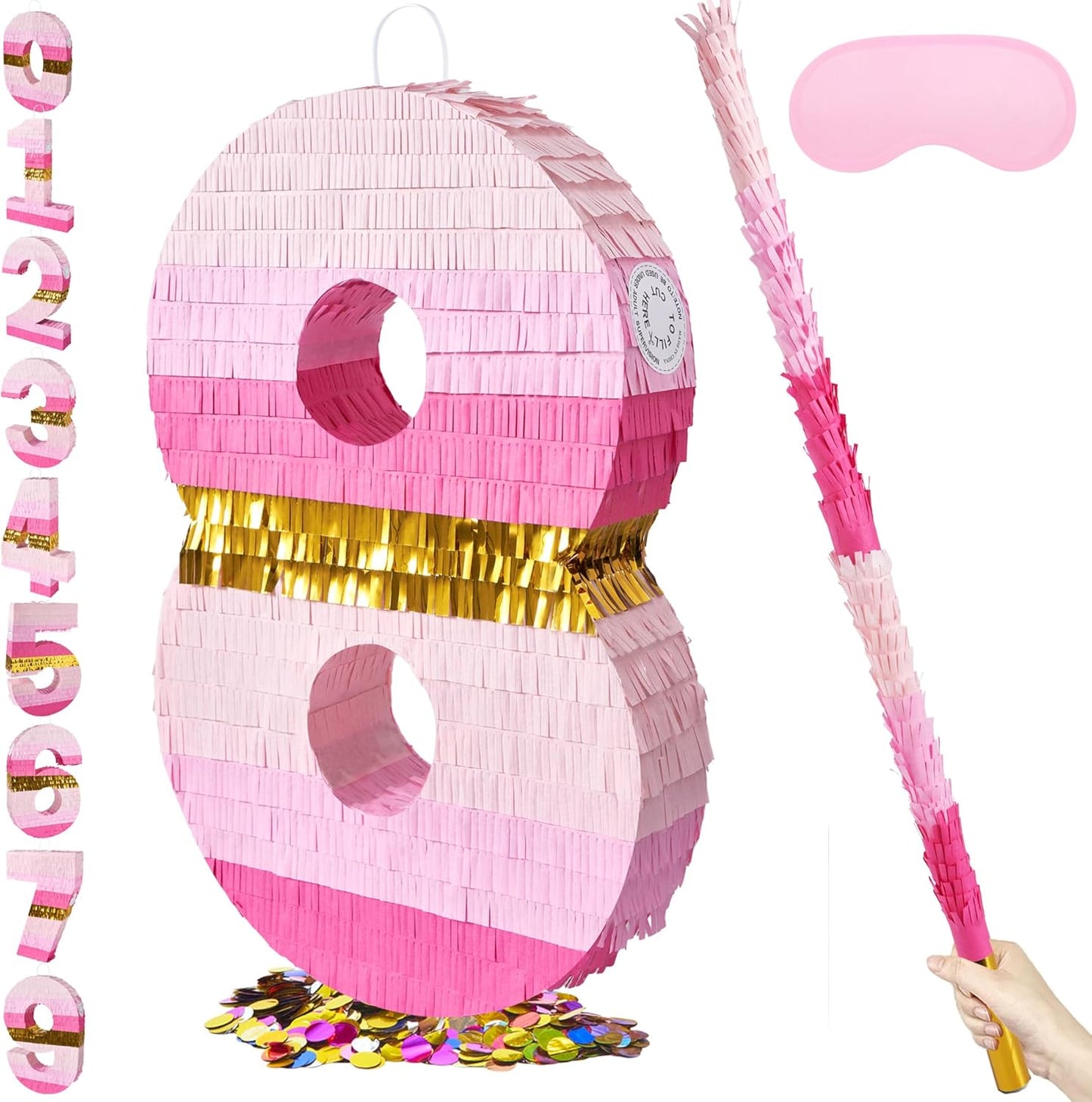 PCFING 20 Inch Number 8 Piñata Pink Gold with 30 Inch Piñata Stick Blindfold Confetti for Boys Girls Adults Birthday Party Decorations, Anniversary Celebration, Fiesta