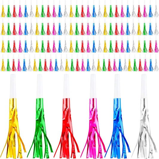 120 Pcs Glitter Bomb Noise Maker Gold Metallic Fringed Squawker Blowouts Silver Musical Blower Whistle for Birthday New Years Party Supplies Sporting Events Graduation (Multicolor Set 1)