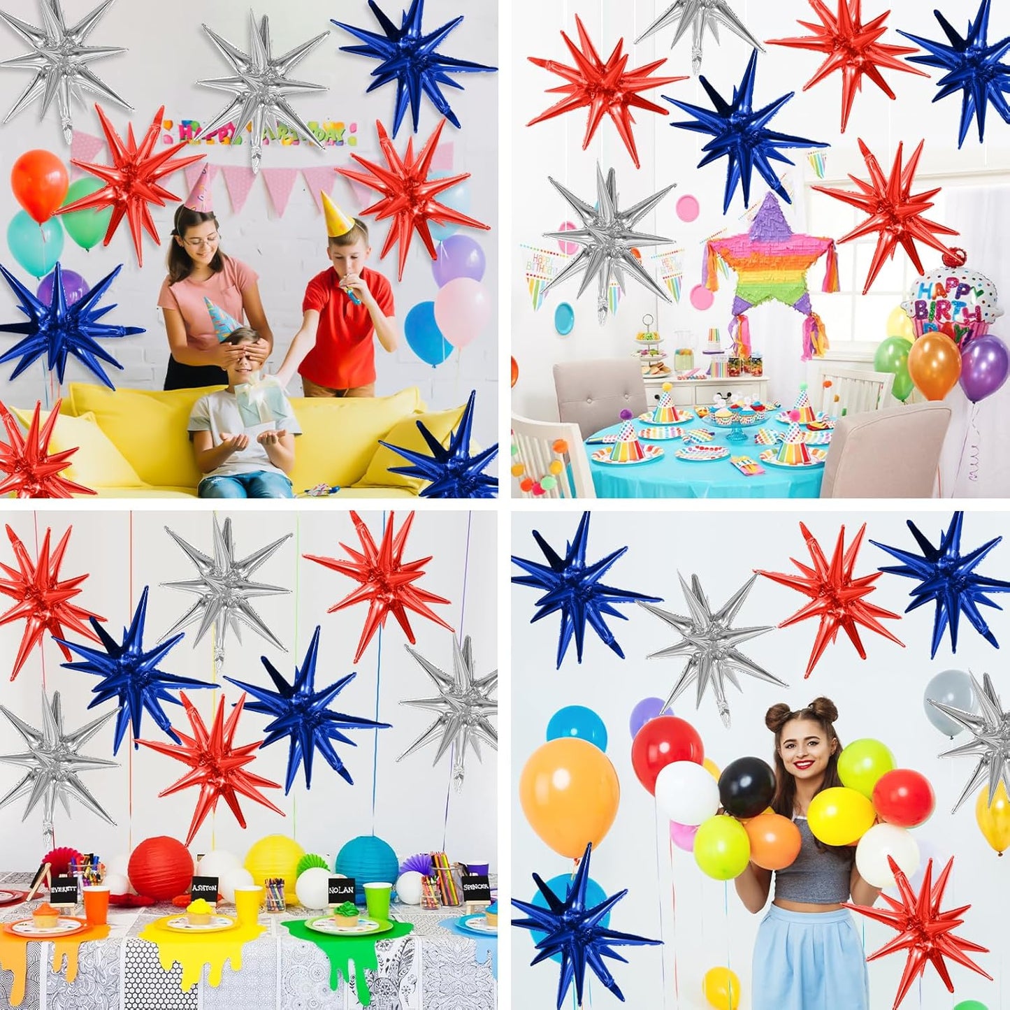 Red Blue Silver Star Balloons,9Pcs 22Inch Blue Red Silver Explosion Spike Cone Helium Polyester Film Star Foil Balloons for Birthday Anniversary Baby Shower 4th of July Disco Party Decorations