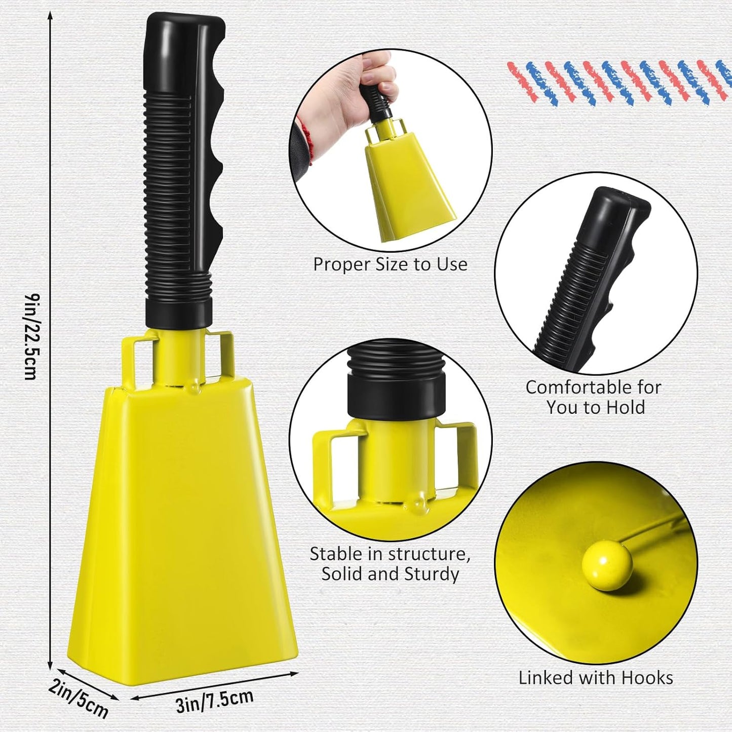 Pelopy 12 Pcs Large Cow Bell 9 '' Cowbell with Handle Cowbells for Sporting Events Hand Percussion Cheering Bell Chimes for Football Game, Alarm Loud Noise Makers, Musical Instrument(Yellow)