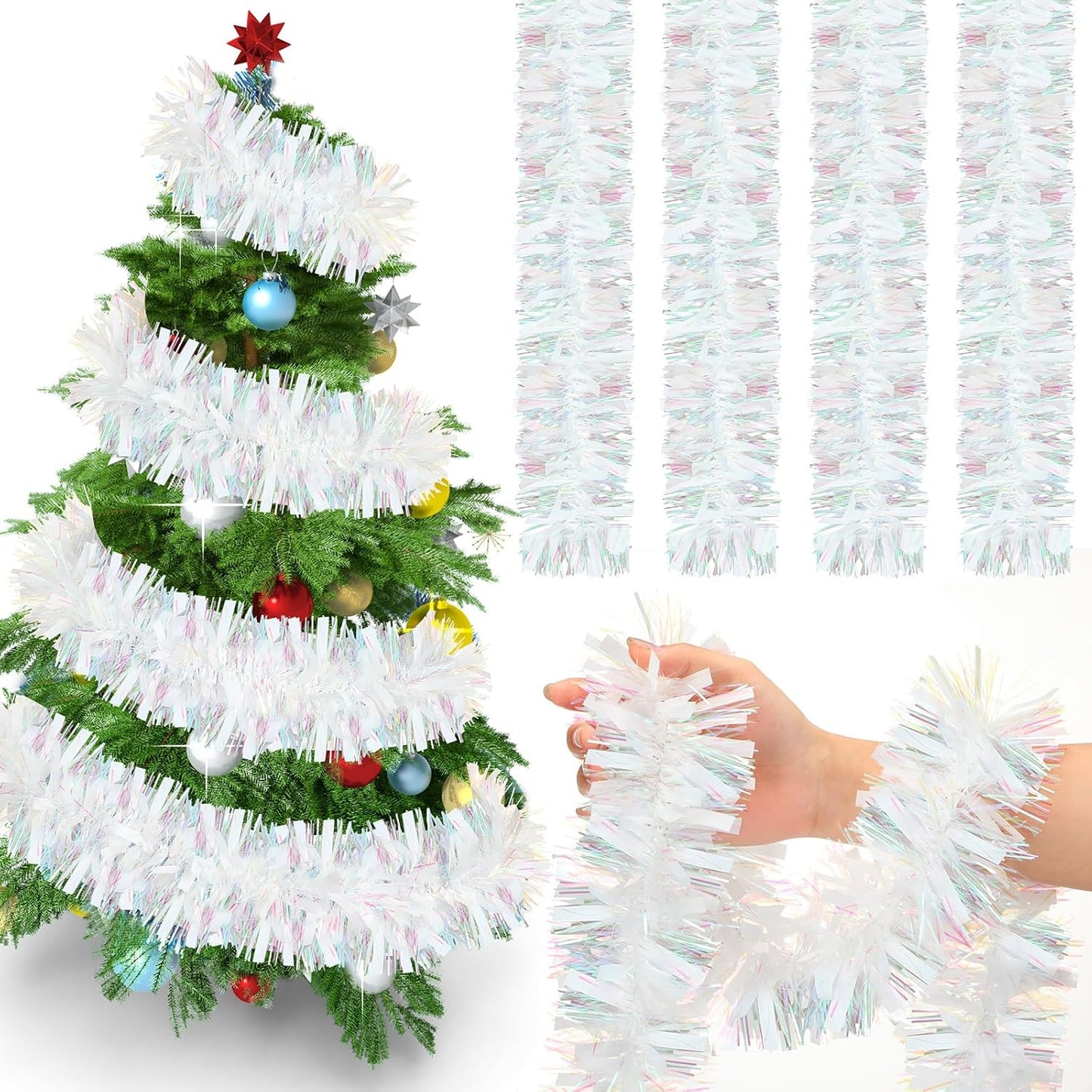 72 Feet Christmas Tinsel Garland Shiny Metallic Tinsel Twist Garland Streamers Ornaments Long Glitter Christmas Tree Hanging Decorations for Party Holiday Wedding Birthday Tree Wall Rail (White)