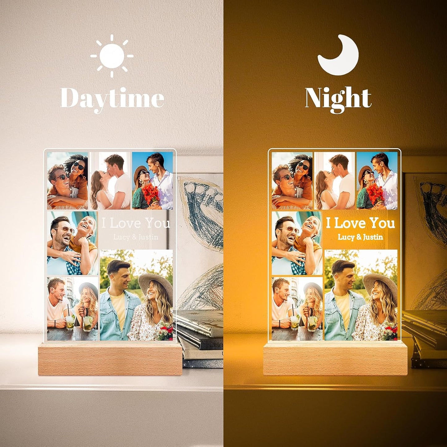 Custom Couple Picture Frames with Photos, Customized Acrylic Plaque Photo Frame with Night Light, Personalized Anniversary Birthday Gifts for Women Men Him Her Boyfriend Girlfriend