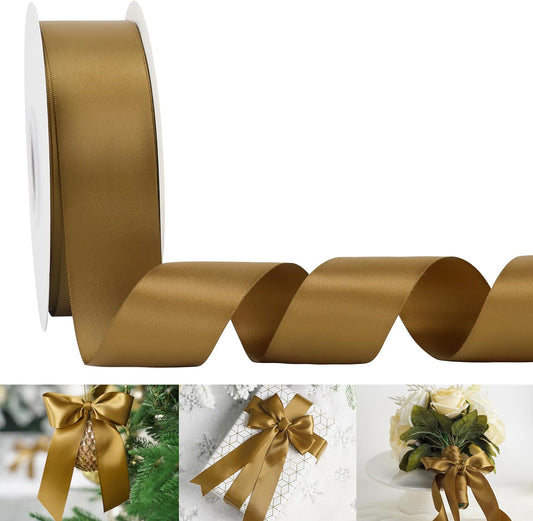 HUIHUANG Golden Brown Ribbon 1-1/2 inch x 50 Yards Luxury Double-Faced Satin Ribbon for Gift Wrapping Crafts Bows Holiday Home Decor Wedding Decoration Flower Bouquets