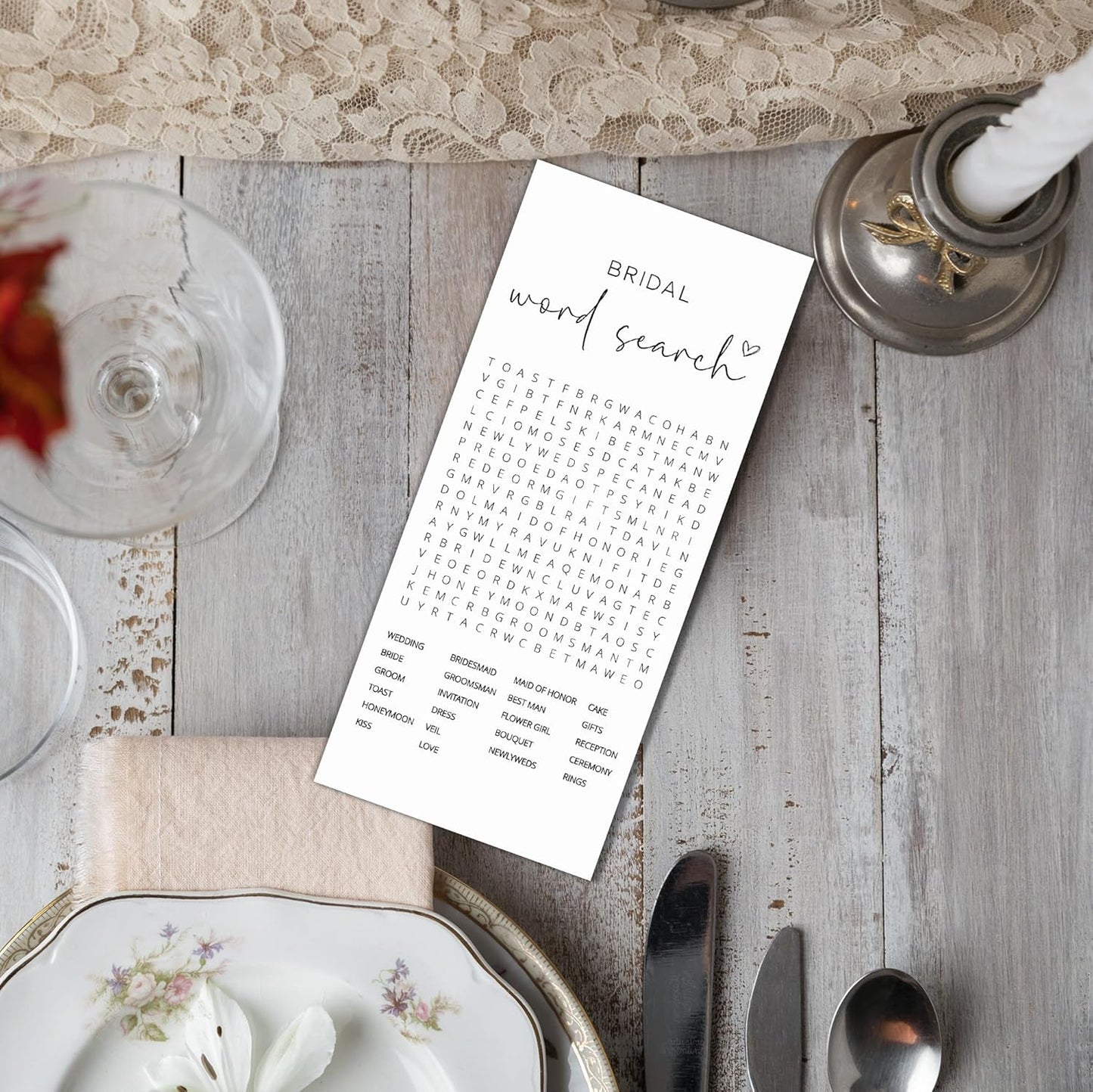Bridal Shower Games, Word Search, 25Pcs 4x9inch Minimalist White Double-Sided Bridal Game Cards with 1 Answer Key, Wedding Shower Games for Guests, Engagement Bachelorette Party Supplies - A05