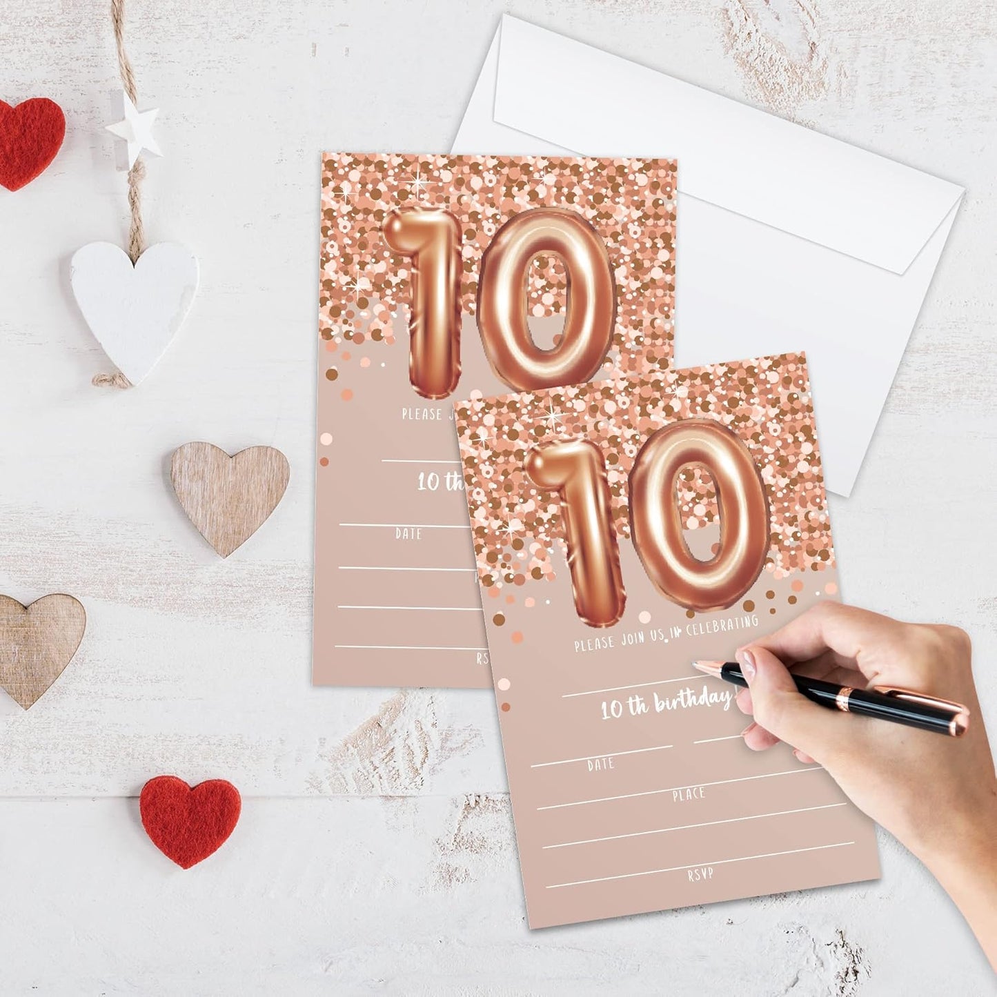 10th Birthday Invitation Cards, Rose Gold Glitter 10th Birthday Party Invites, Kids Happy Birthday Party Decorations Supplies, 20 Fill-in Cards with Envelopes for Boys or Girls Party Celebration-C02
