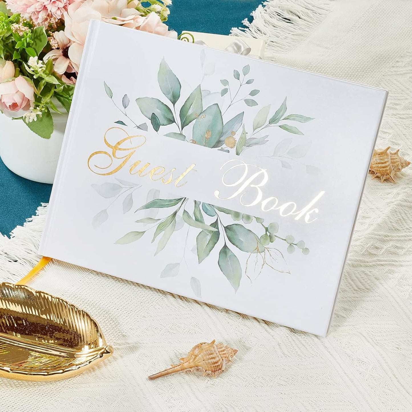 TRULIVA Wedding Guest Book with Pen - Sign in Book for Wedding Reception - Gold Foil - Hard Cover, 7" x 9" (Eucalyptus Gold Foil, Book and Pen)
