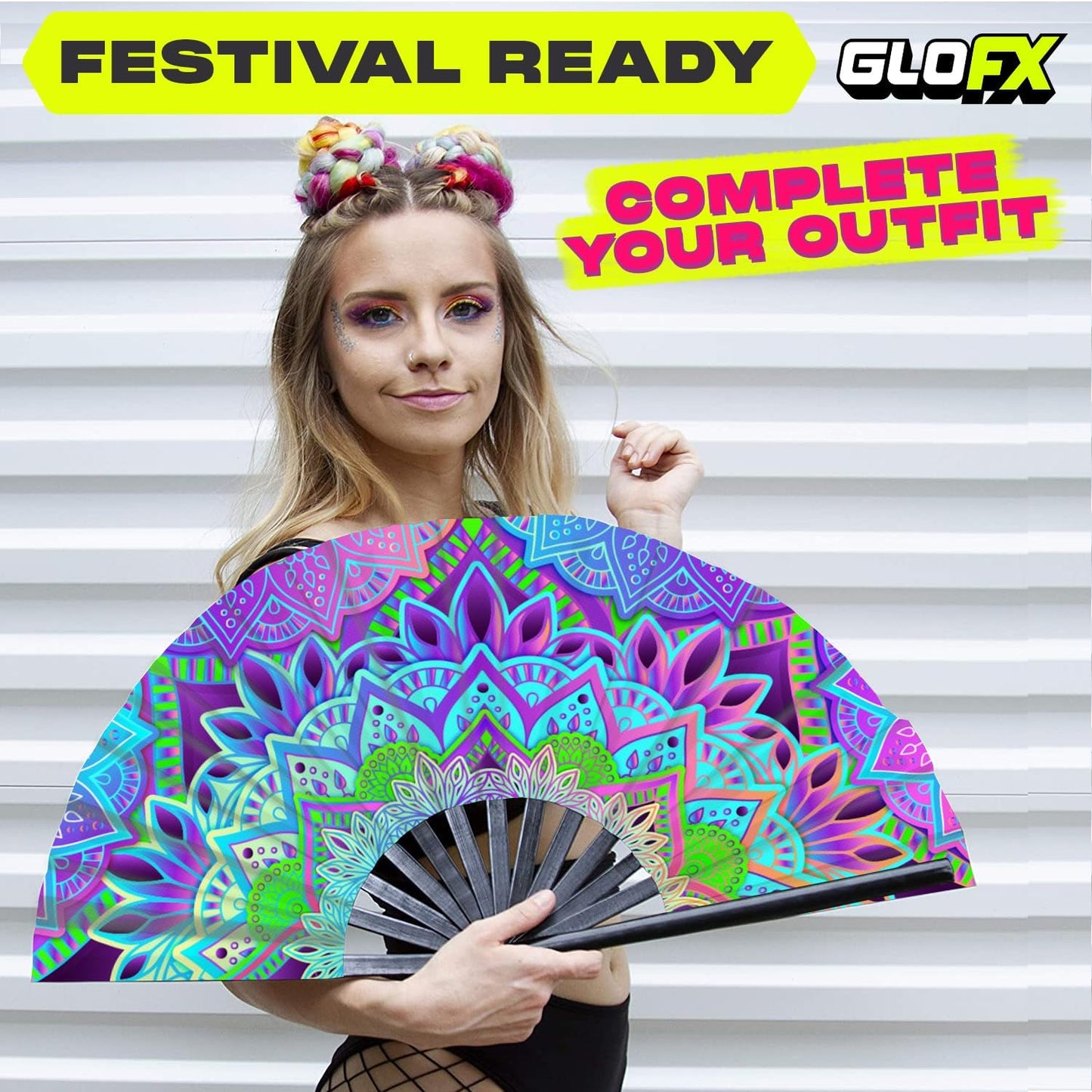 GloFX UV Glow Mandala Rave Handheld Fan - Teal, Pink, Purple & Green Design - Large Folding Fan for Festival Fashion, Essential Rave Accessories for Women, Foldable Hand Fan for Music Festival Outfits