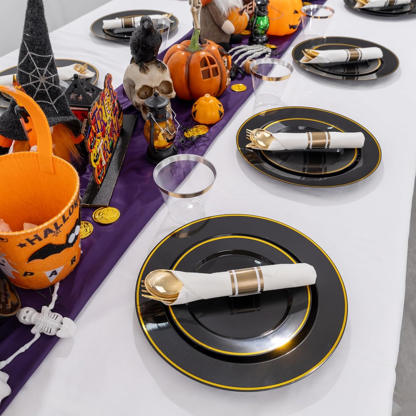 SUT 175 Pcs Black and Gold Plastic Dinnerware Set for 25 Guests, Include: 25 Dinner Plates, 25 Dessert Plates, 25 Pre Rolled Napkins With Silverware, 25 Cups, Disposable Plates for Halloween, Party