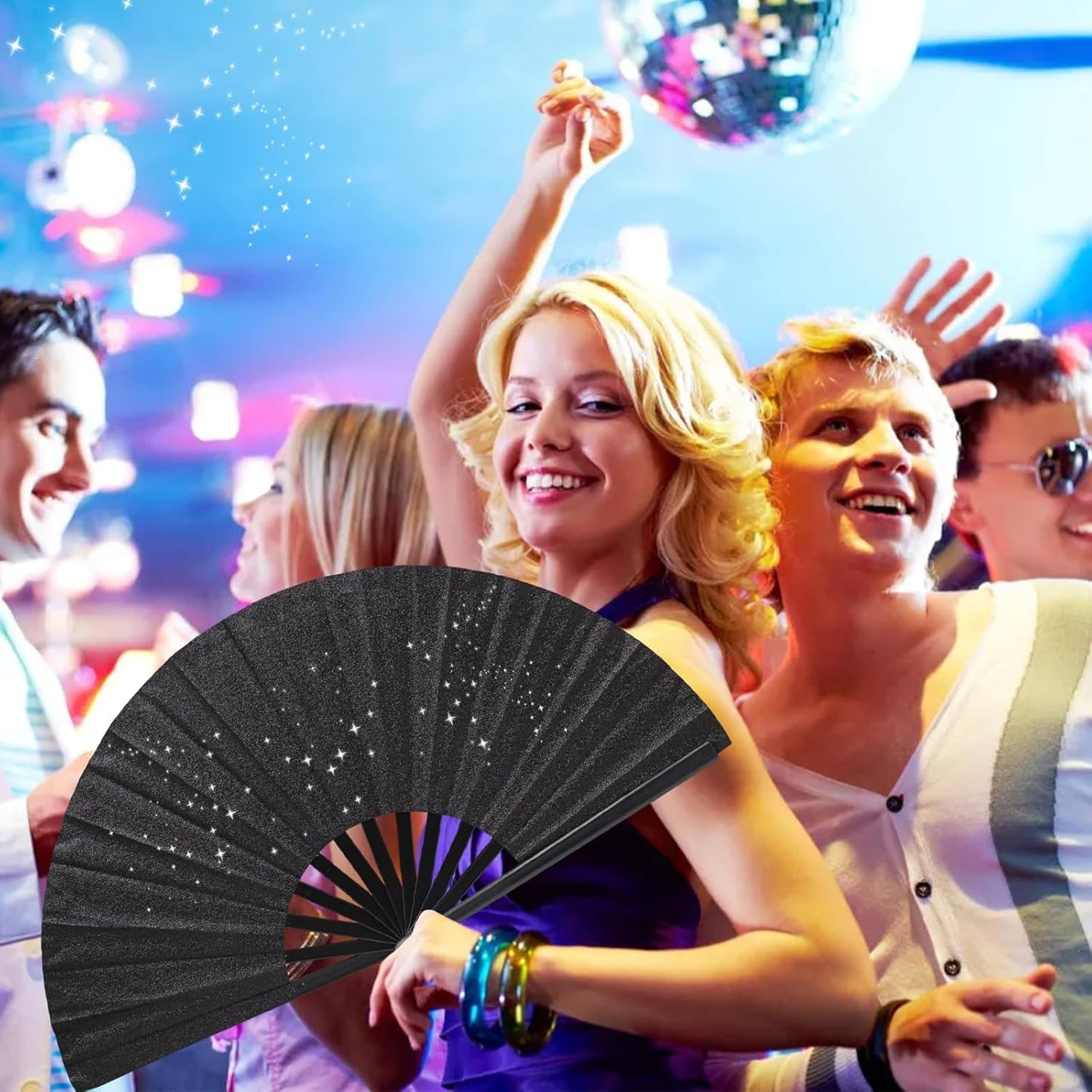 Glitter bling Large Folding Fan-Hand Fan Rave Clack Popping Fan for Line Dancing Clacking Fans for Boots On The Ground Dance, Party for EDM, Music Festival, Hot Flashes, Party, Decoration(3pcs black)