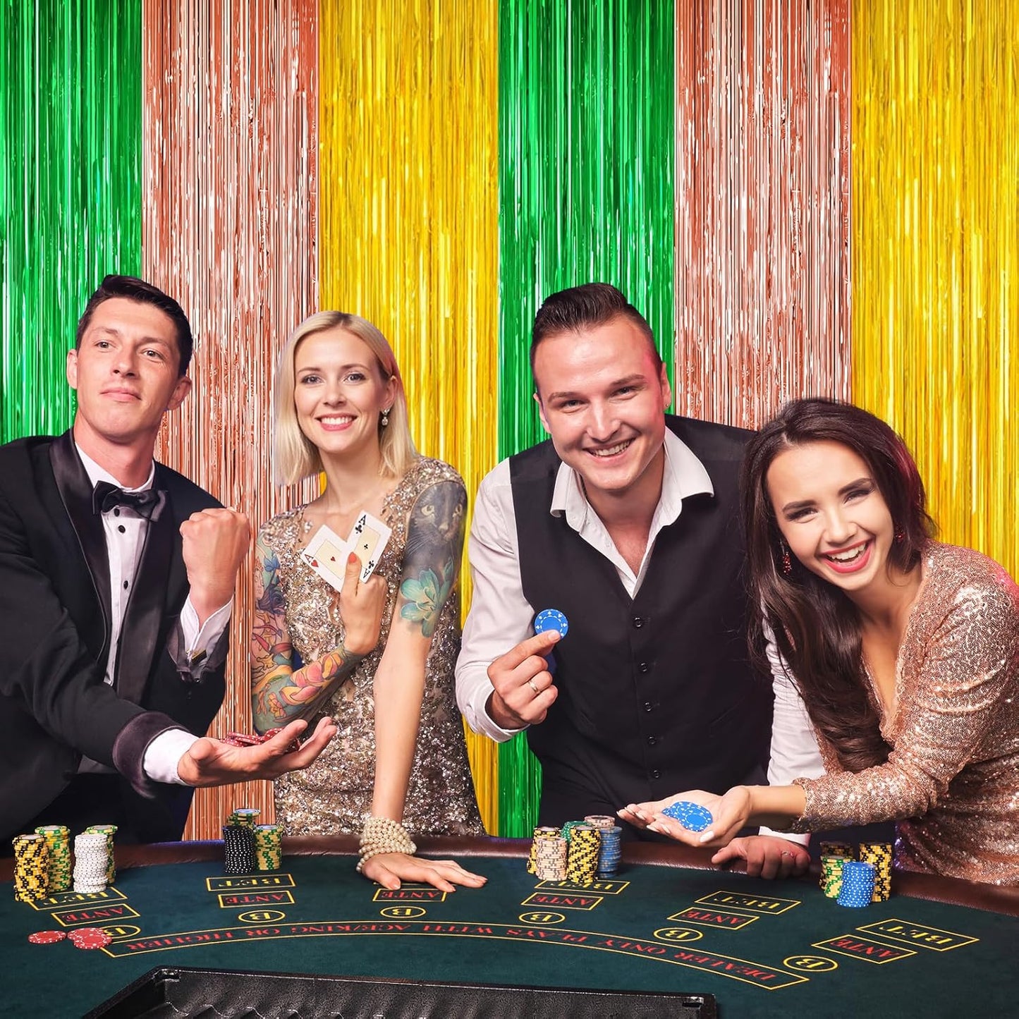 2 Pack Christmas Luau Decorations,Winter Summer Party Streamer, Green Brown Yellow Backdrop Tinsel Curtains Fringe Curtains, Metallic Hawaiian Supplies Aloha Party Decor Wedding Engagement Decorations