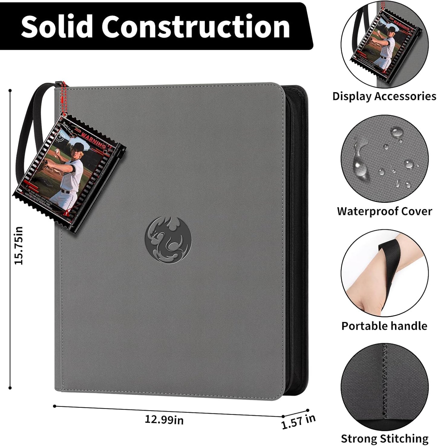 9-Pocket Toploader Binder, Baseball Football Sports Game Cards for 3"x4" Rigid Toploaders Trading Card Collection Album Holds 288 Cards Waterproof Storage Book Easy to Insert（Grey)