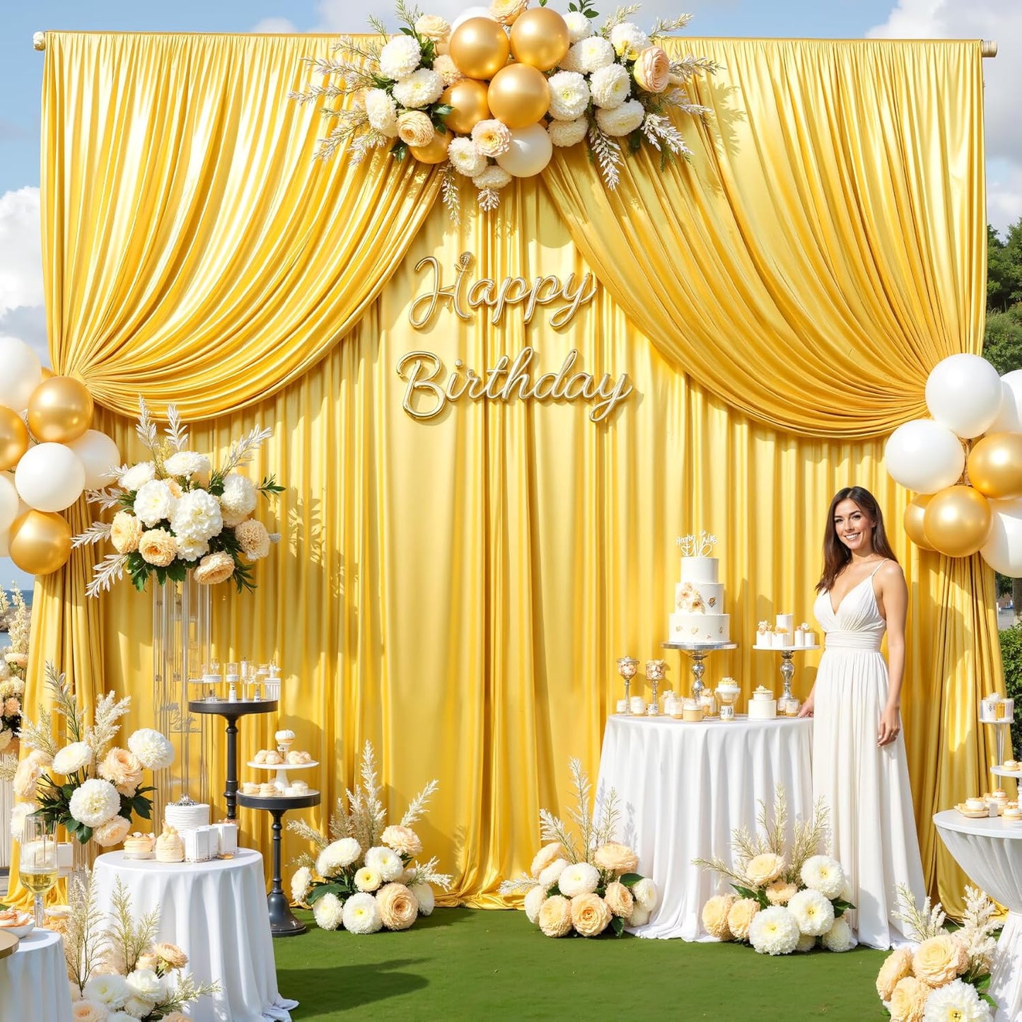 Gold Satin Backdrop Curtains 2 Panels - Glitter Photo Drapes for Baby Shower, 10x10FT Shimmer Back Drop Cloth, Wrinkle Free for Birthday Graduation Home Party Wedding Background