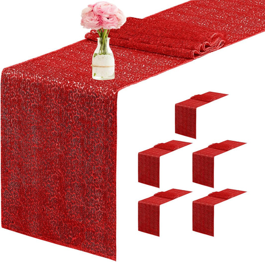 6 Packs 12 x 72 inches Sequin Table Runner, Red Glitter Table Runner for Birthday Party Supplies Wedding Engagement Baby Shower Holiday Celebration Event Decorations