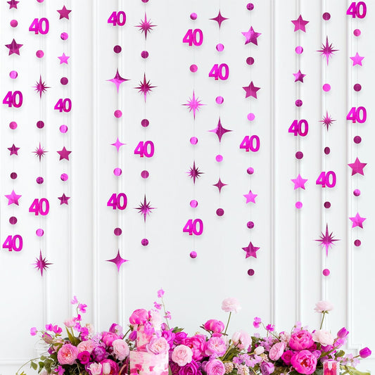Hot Pink 40th Birthday Decorations Number 40 Circle Dot Twinkle Star Garland Metallic Hanging Streamer Bunting Banner Backdrop for Women Cheers to 40 Years Old Bday Forty Anniversary Party Supplies