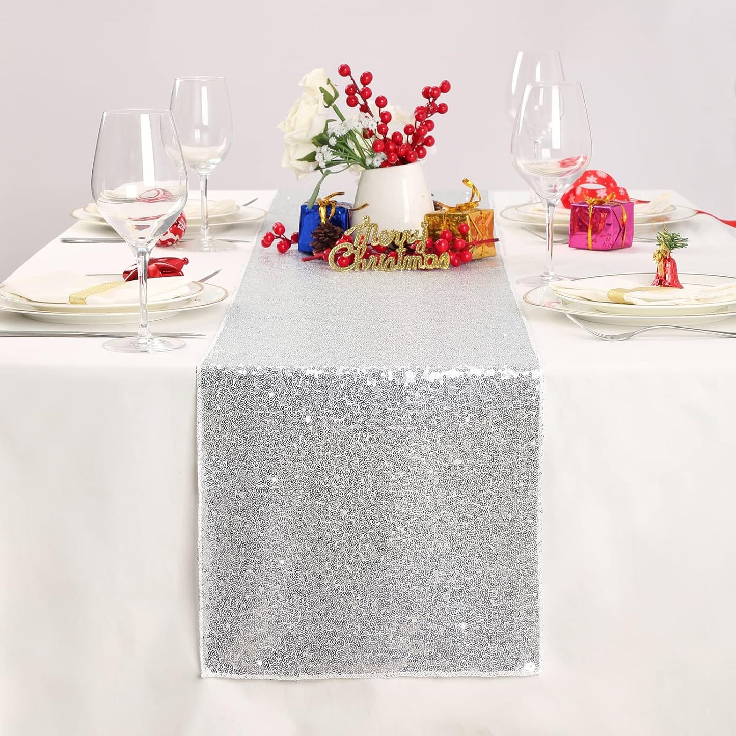 Silver Table Runner 10 Packs 12x72 Inch Sequin Glitter Table Runner for Rectangle Tables for Birthday Banquet Wedding Baby Shower Party Decorations
