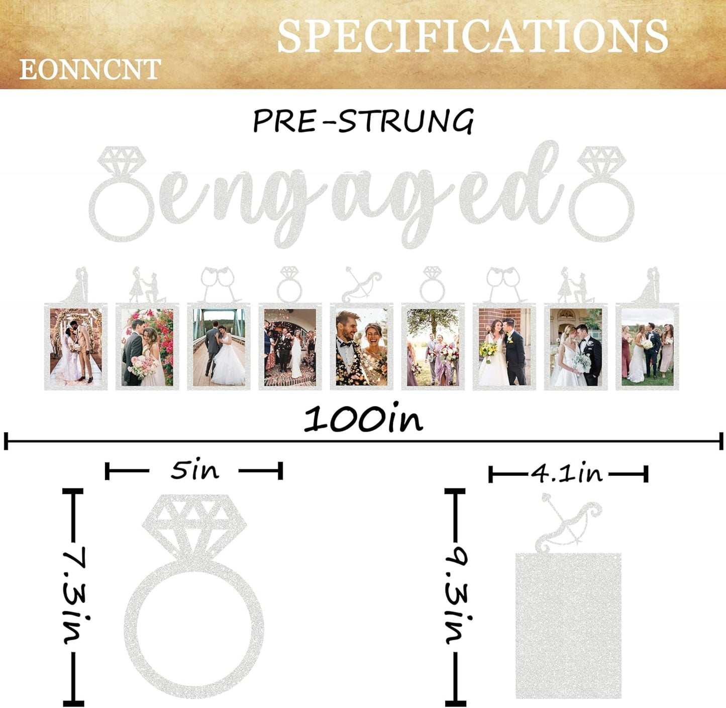Pre-Strung Engaged Photo Banner - Silver Glitter Engagement Party Decoration Supplies with Romantic Memories Picture Card Frames for Bachelorette, Bridal Shower, Wedding Party Photo Booth Props