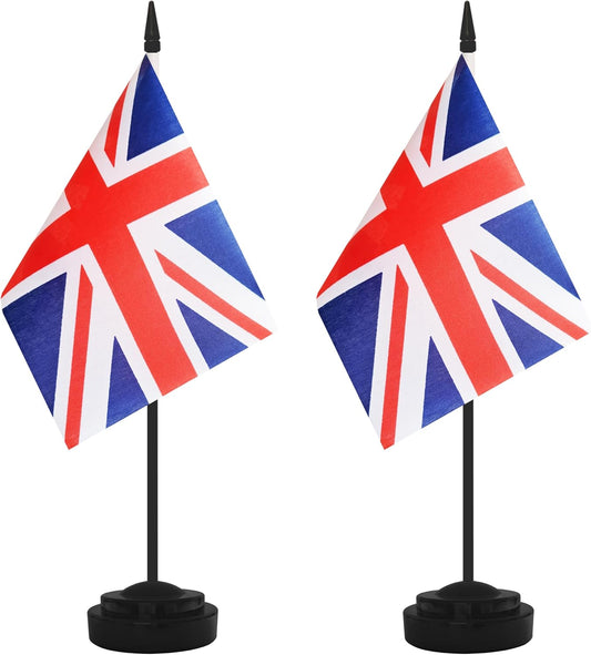 2 Pack UK Desk Flag Set, Britain Desktop Small Miniature Table Office Flag with 12" Black Pole and Black Base, Offices, Classroom, Home, Festival Decoration (UK)