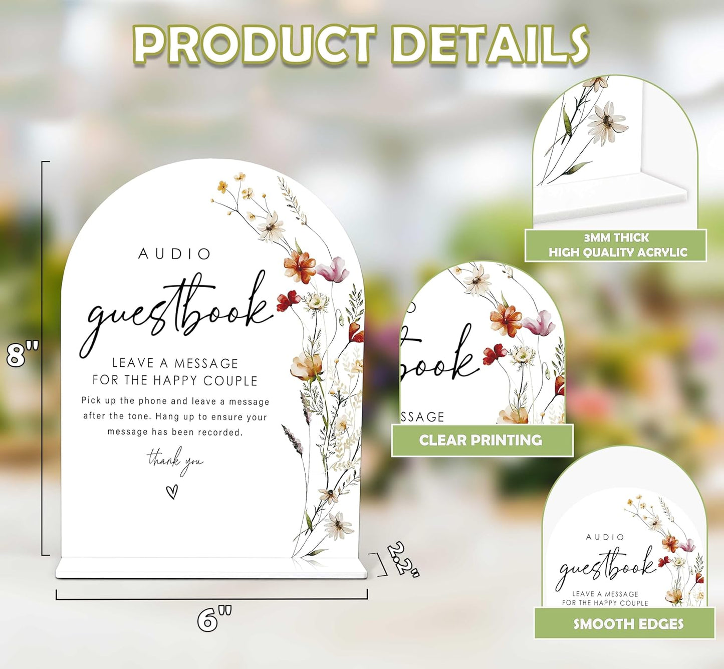 Boho Floral Audio Guest Book Sign, 6 x 8 Inch White Arch Acrylic Wedding Sign with Holder, Wedding Sign for Ceremony and Reception, Wedding Decoration, Wedding Supplies - BX29