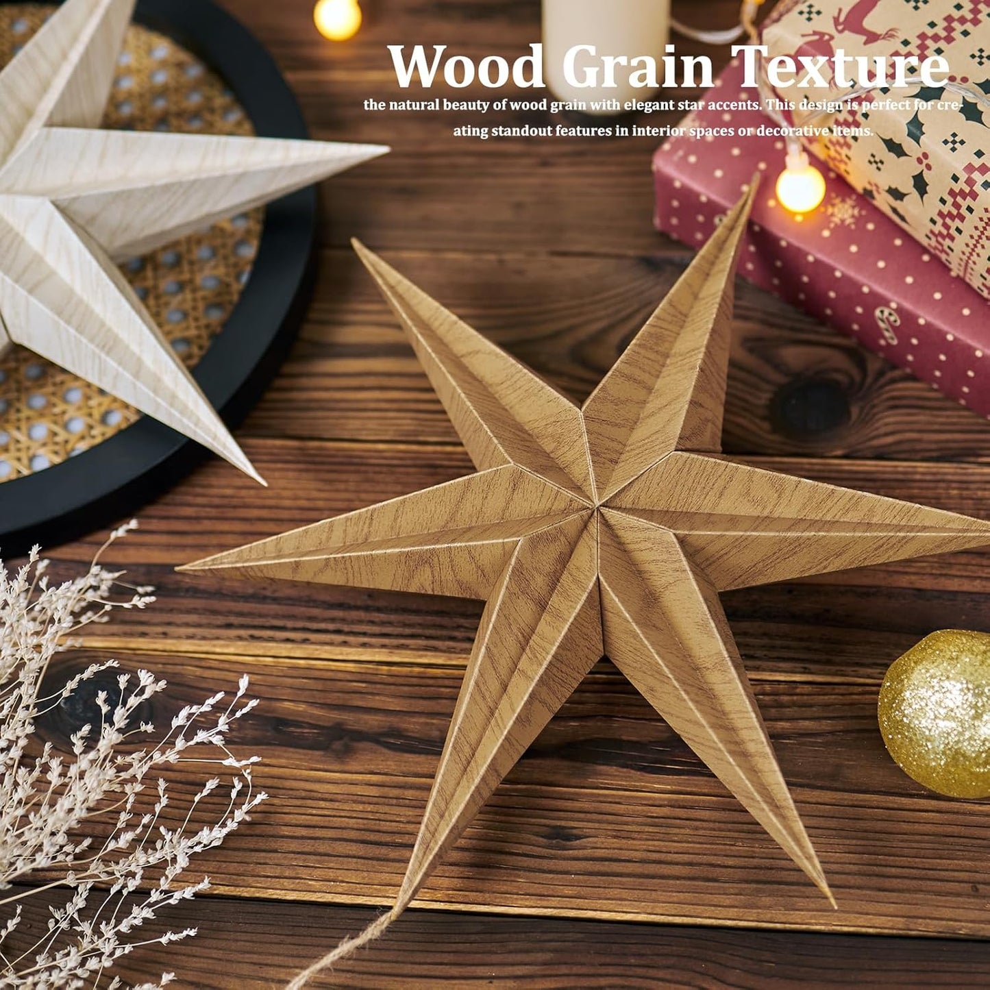 EASY JOY 5 Pcs Wood Grain Paper Star Lanterns 6-Pointed 12 Inch Christmas Hanging Lamp Rustic Paper Decorations Vintage Christmas Home Hanging Decoration for Xmas Tree Wedding Birthday Party Decor