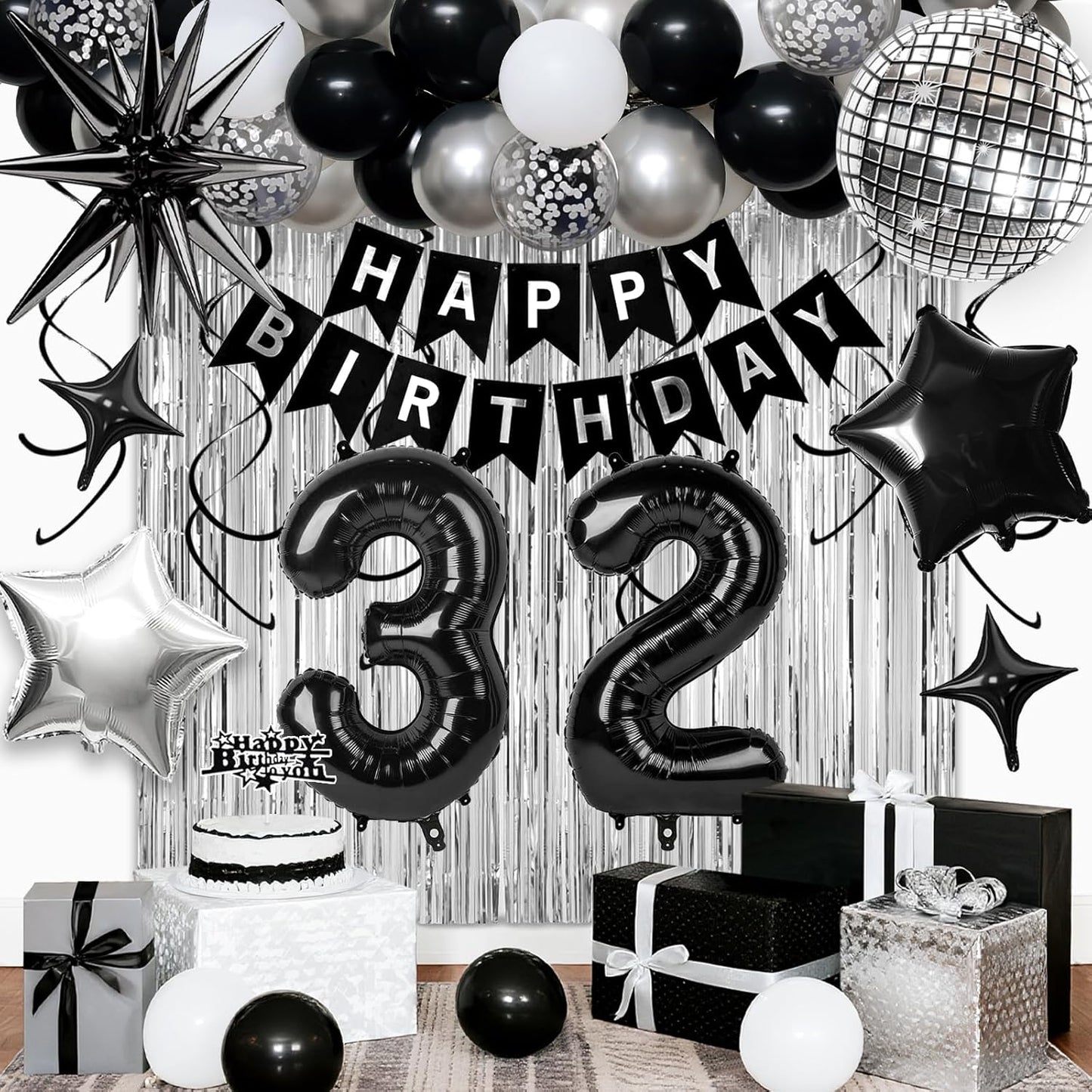 32nd Birthday Decorations for Men Women, Black Silver Happy Birthday Party Decorations， 32 Year Old Party Supplies with Number 32 Balloons, Banner, Fringe Curtains Kit