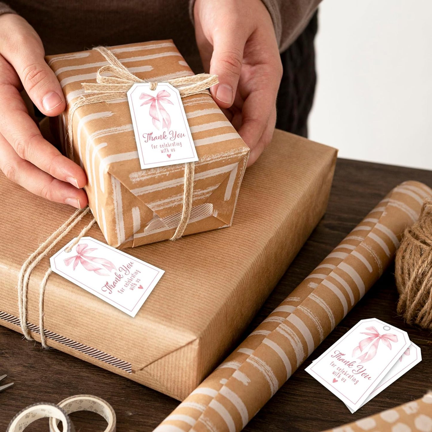 Thank You Label with String, 2x3.5 Inch Pink Bow Gift Tags, Thank You for Celebrating with Us Tag, Paper Personalized Design Gift Label for Wrapping Party Favor-A11