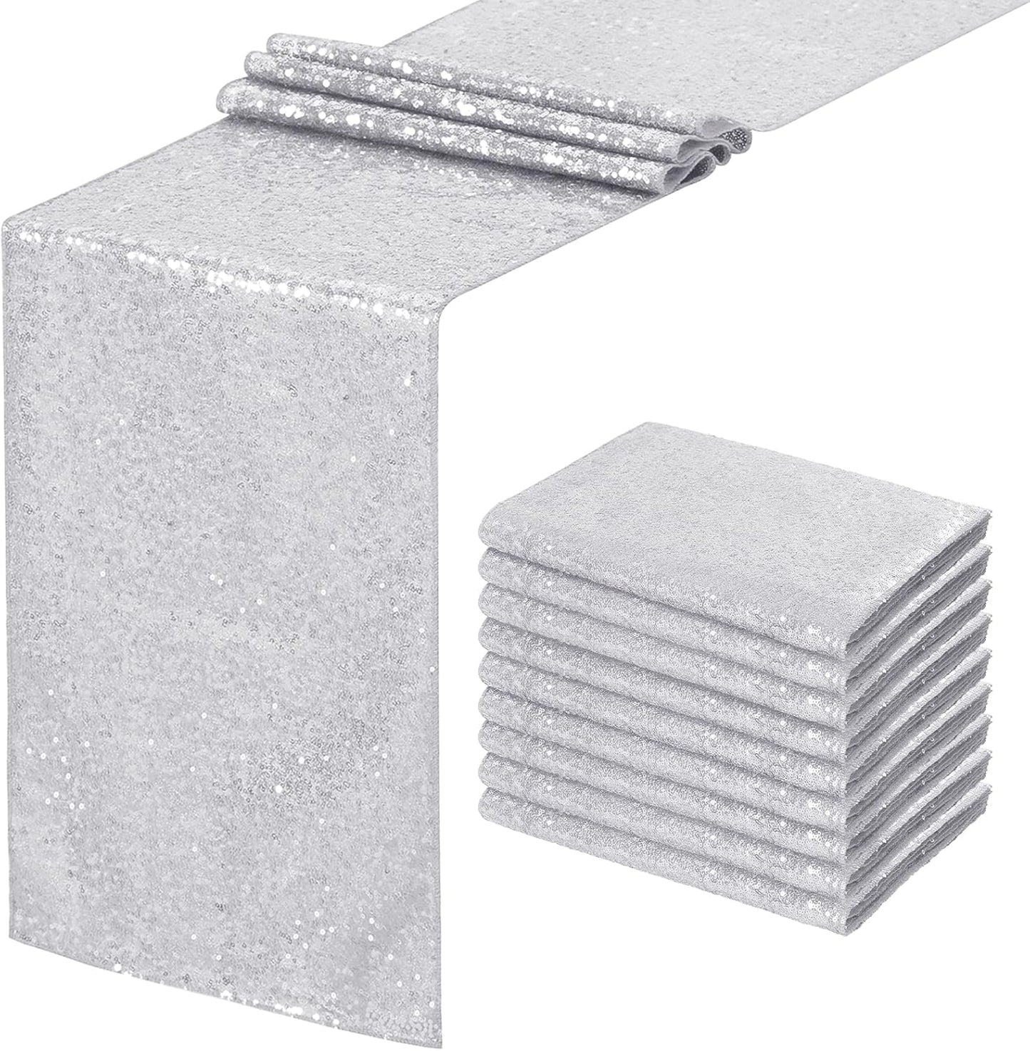 Silver Sequin Table Runners 10 Packs 12x108 Inches Holiday Celebration Sparkly Table Runners for Birthday Party Supplies Decorations