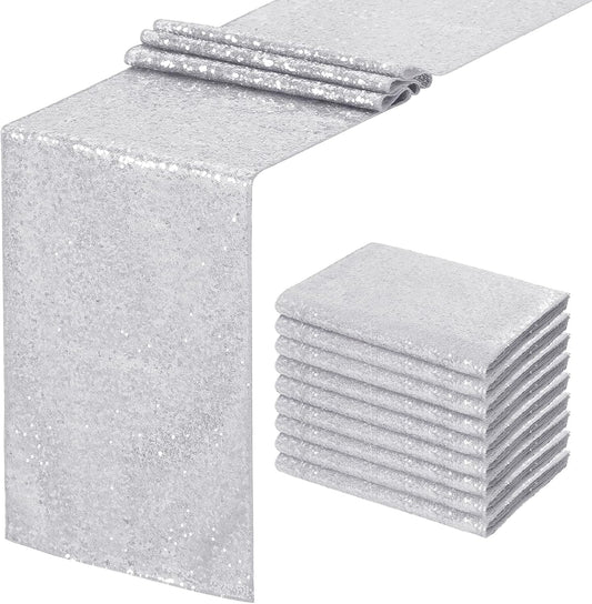 Silver Table Runner 10 Packs 12x72 Inch Sequin Glitter Table Runner for Rectangle Tables for Birthday Banquet Wedding Baby Shower Party Decorations