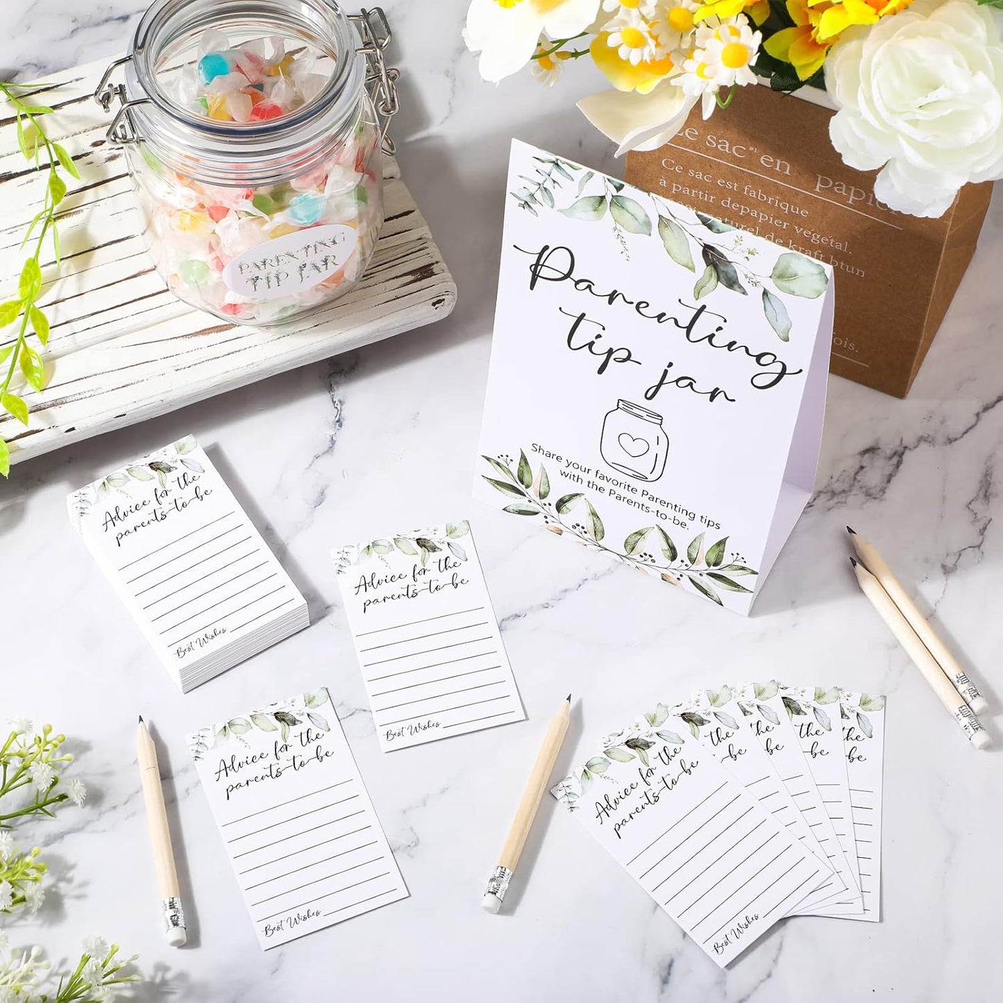 Roowest Baby Shower to Baby Advice Cards for New Parents to Be - Tip Jar Sign for New Parents 60 Parenting Advice Cards 10 HB Pencils 2 Cute Stickers 1 Pet Bottle for Guests Games(Leaf)