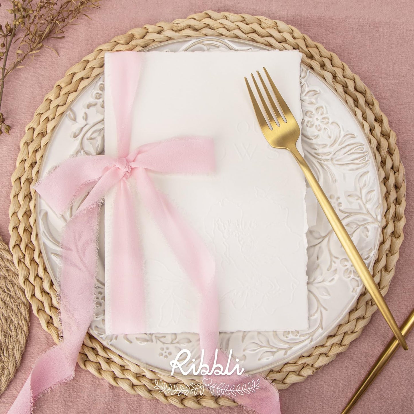 Ribbli Pale Blush Ribbon 1 Inch x 3 Rolls Total 24 Yards Light Pink Handmade Fringe Chiffon Silk Ribbon for Wrapping Wedding Invitations Bridal Bouquets DIY Crafts Home Decor