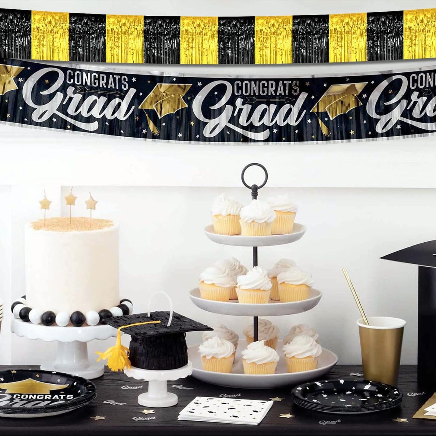 6 Pack 10 Feet Black Gold Foil Fringe Garland Metallic Tinsel Streamers Banner Wall Hanging Curtain Backdrop Banner for Parade Floats, Thanksgiving, Christmas, Birthday, Halloween Party Decorations