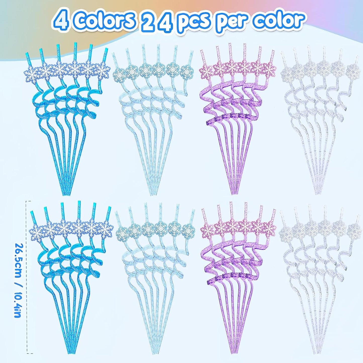 24Pcs Glitter Reusable Frozen Plastic Straws Drinking Straws, 4 Snowflake Shape & 4 Colors, Frozen Party Decoration Birthday Party Supplies