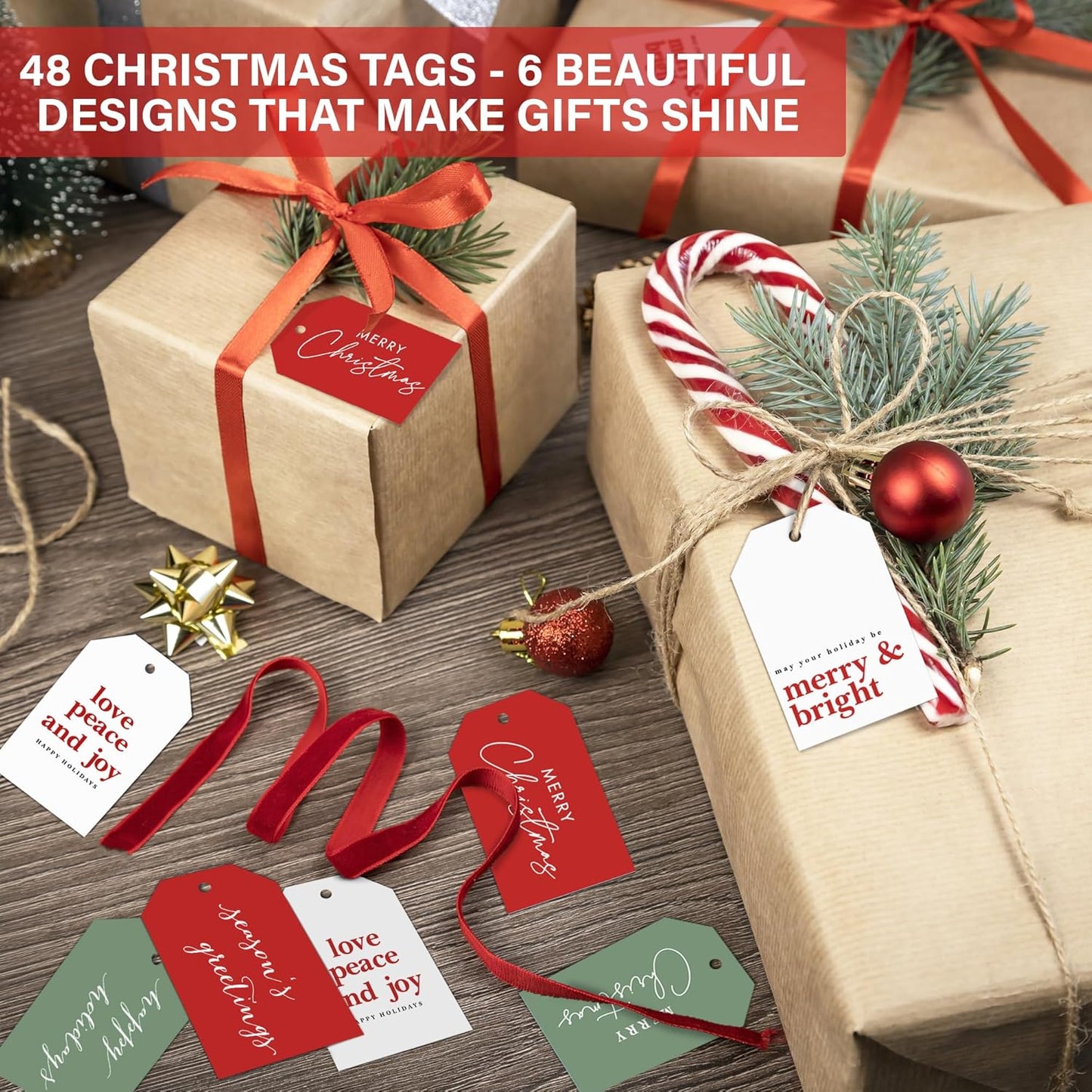 Elegant Christmas Gift Tags with String, 48 Premium Holiday Labels to Personalize Your Presents & Gift Bags, Christmas Tags for Xmas
