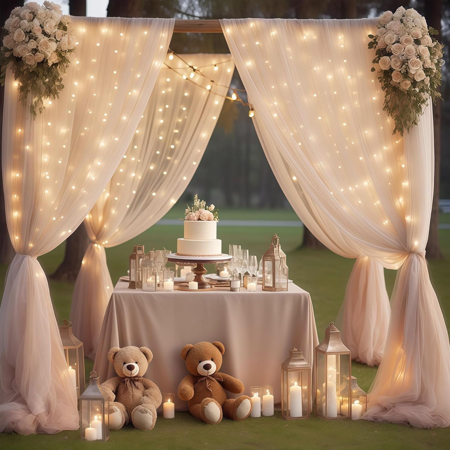 10×10ft Champagne Tulle Backdrop Curtain with Lights String for Parites, Sheer Photo Curtain Backdrop Drapes for Wedding Party Photography Backgrounds