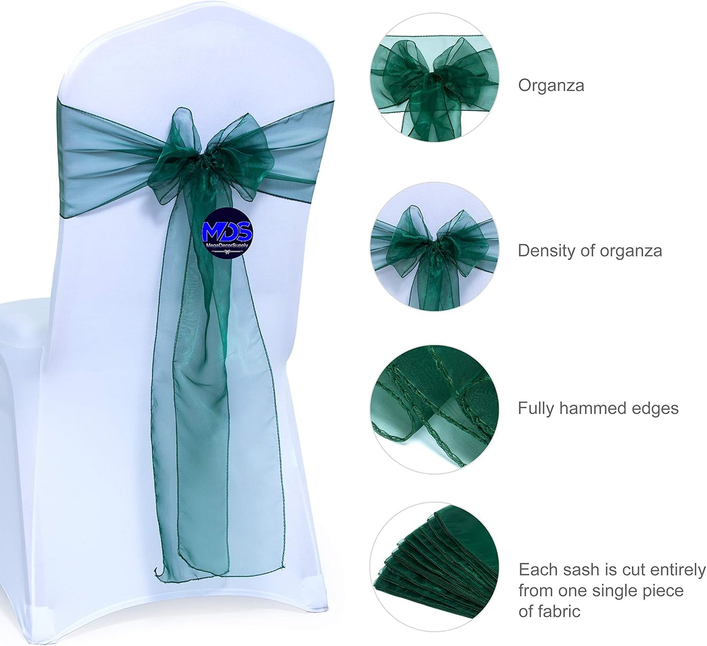 MDS Pack of 150 PCS Organza Chair Sashes Wider Dining Chair Bows Ribbon Tie Back for Wedding Party Birthday Bridal Shower Reception Event Banquet Home Chair Cover Decoration - Hunter Green