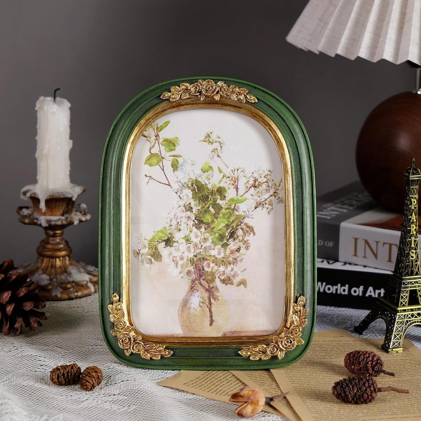 Cuspin Vintage 5x7 Picture Frame, Ornate Gold Green Arch Frames Resin Photo Frame with Glass Front for Tabletop or Wall Display, Antique Decorative Frame for Home Decor or Gift