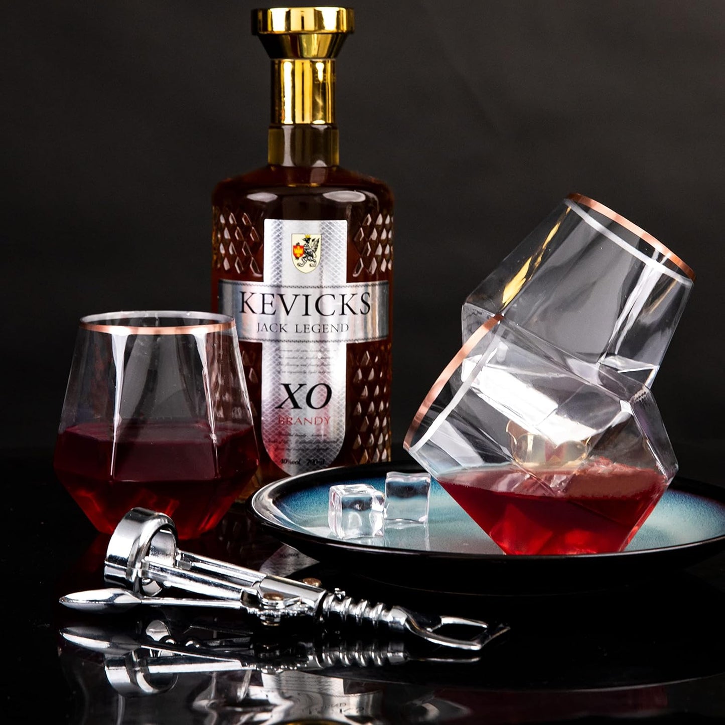 LUODA 32 Pack Rose Gold Diamond Wine Glasses, 12 Oz Stemless Rose Gold Rim Wine Glass, Disposable Clear Plastic Whiskey Glasses For Serving White Wine, Red Wine, Cocktail, Whiskey