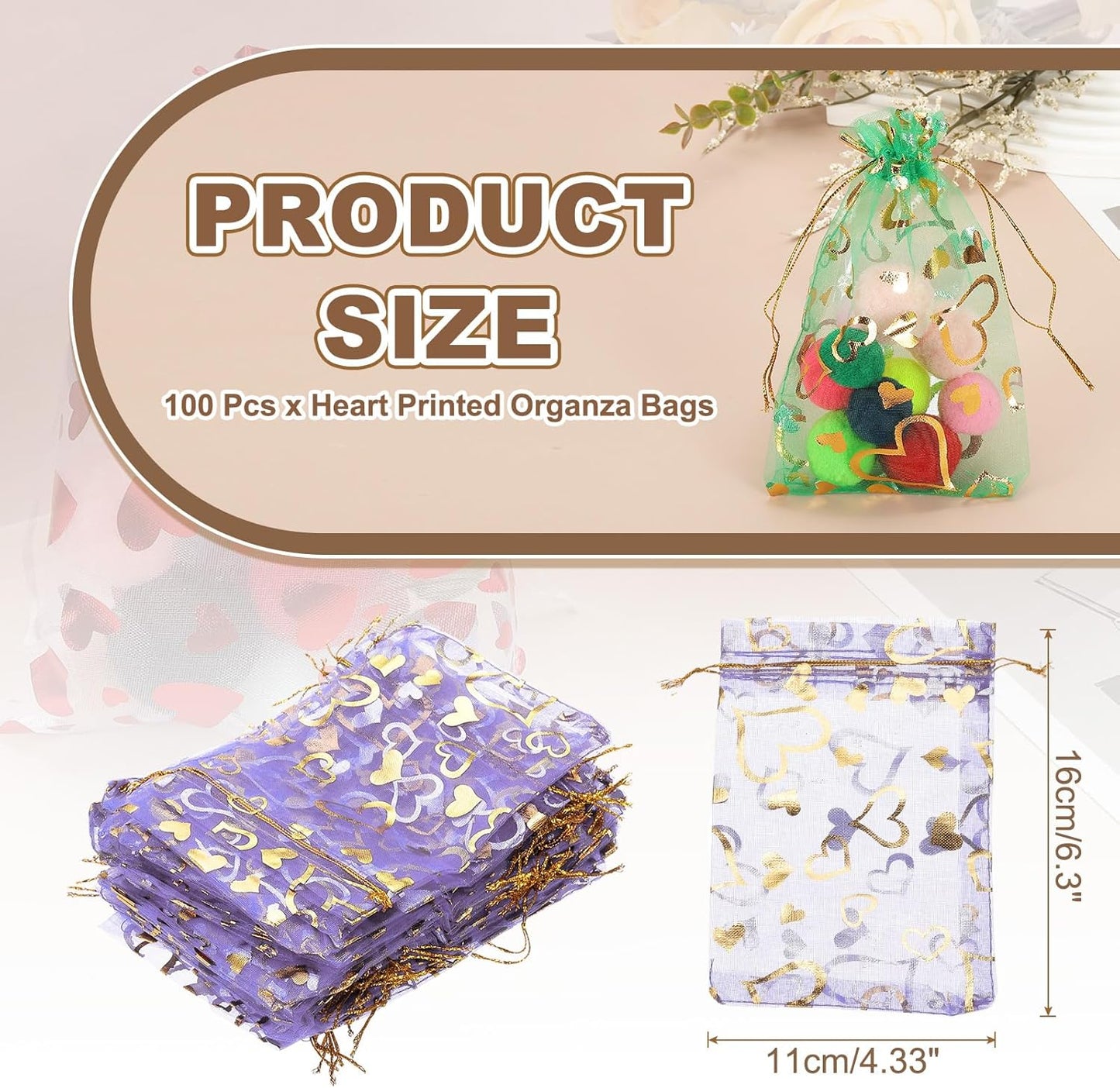 PATIKIL 100 Pcs 4x6 Inch Heart Printed Organza Bags, Purple Sheer Heart Organza Bags with Drawstring for Christmas Candy Jewelry Party Wedding Favor Gift