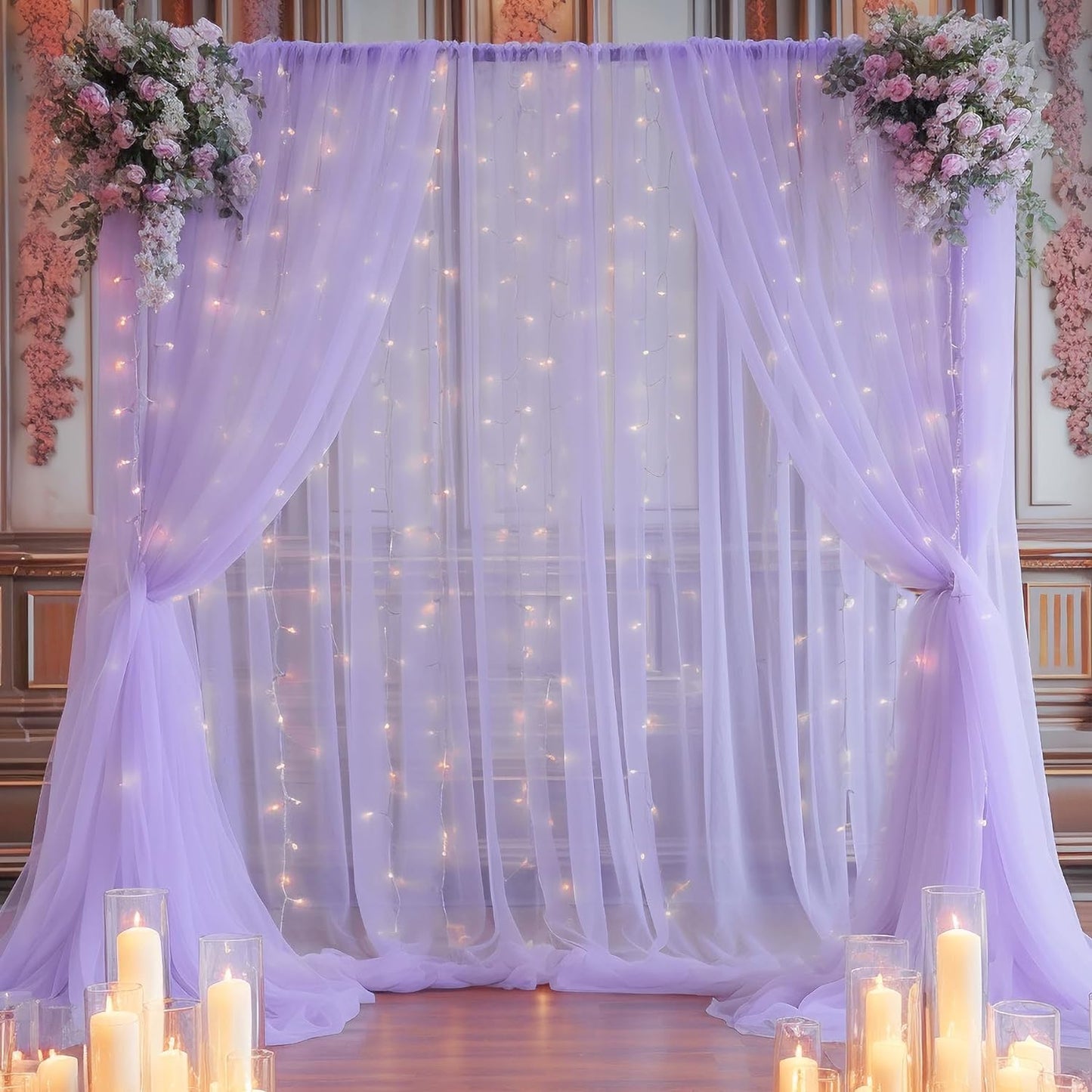 30×10ft Purple Tulle Backdrop Curtain with Lights String for Parties, Sheer Photo Backdrop Curtains for Wedding Party Photography Background