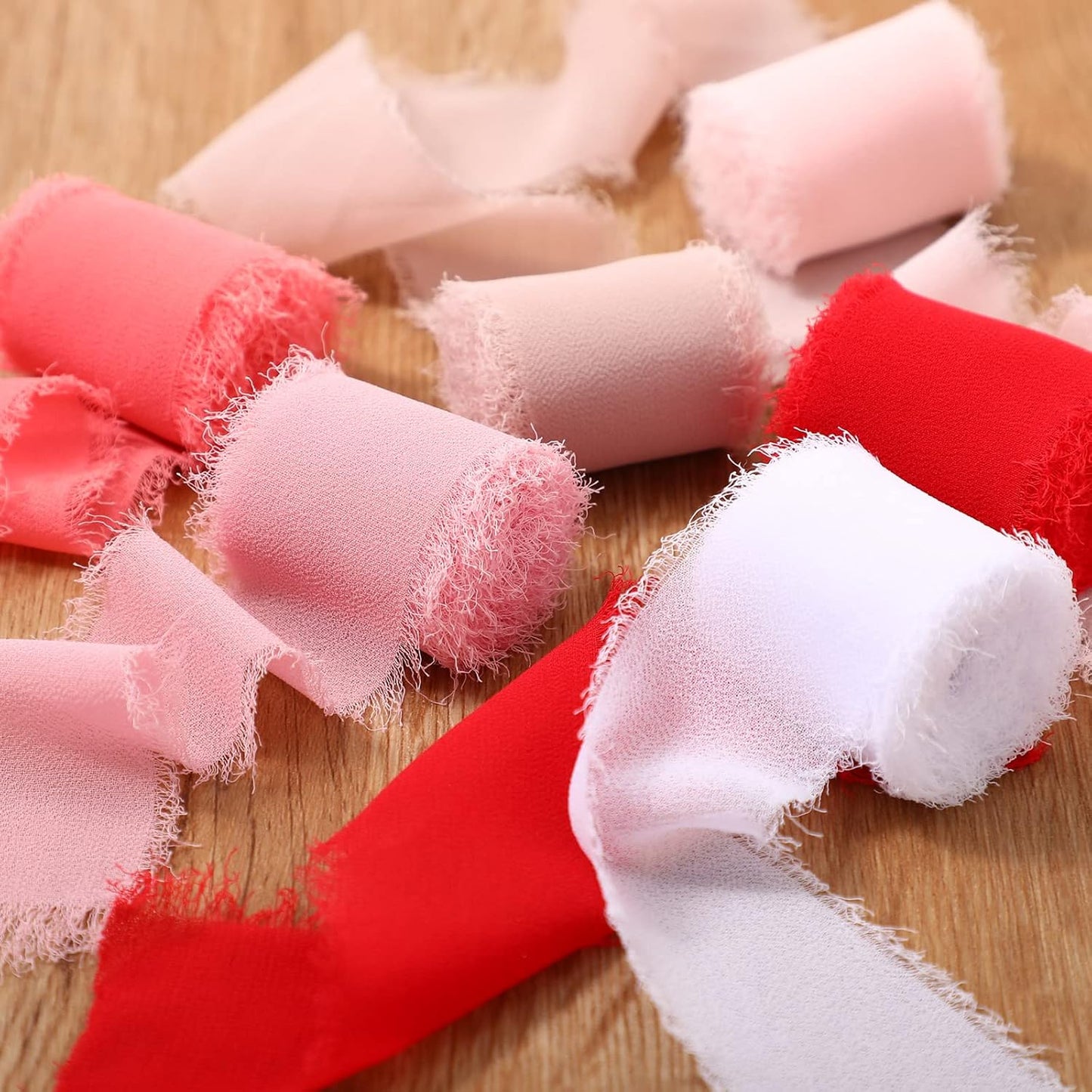 6 Rolls Handmade Fringe Chiffon Silk Ribbon 1.5" x 3 Yd Colorful Ribbon for Wedding Invitations, Bridal Bouquets, Gifts Wrapping, DIY Crafts (Pink Red Set)