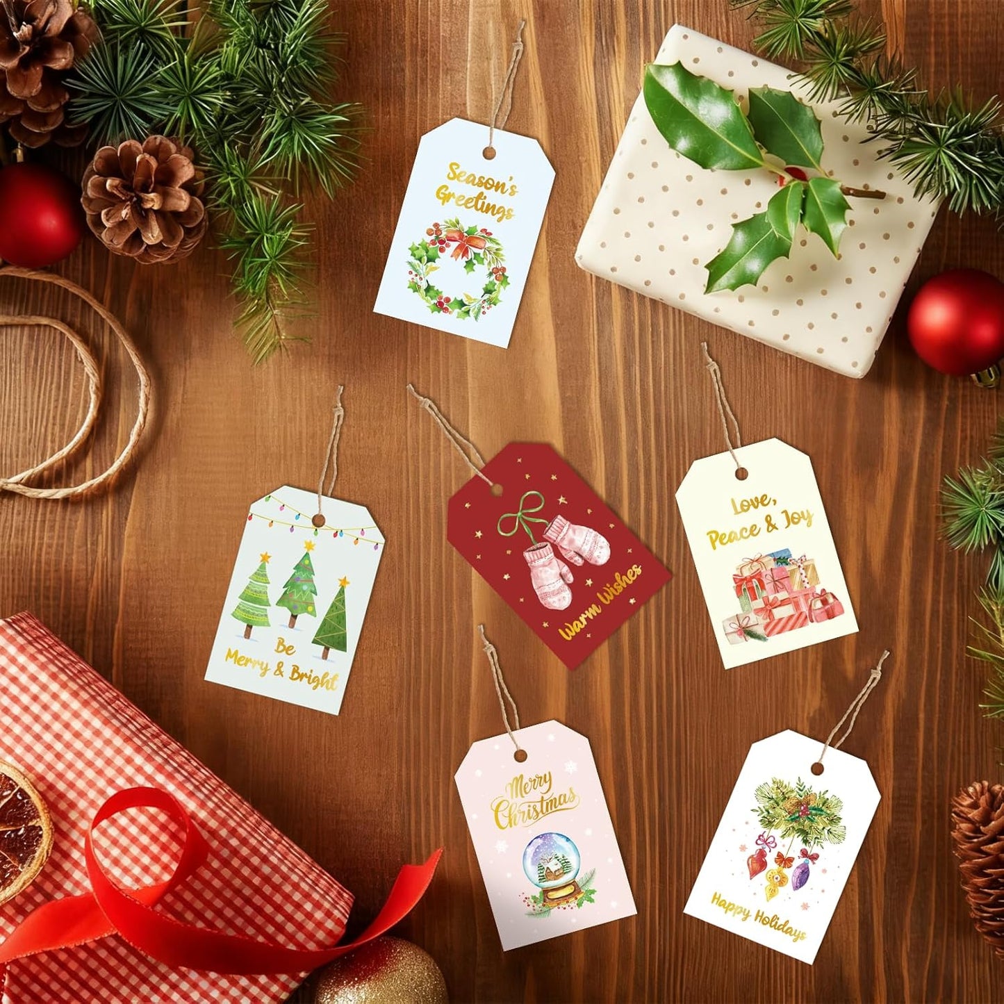 48 Pcs Christmas Gift Tags, Watercolor Christmas Hanging Tags Label Gold Foil with Hemp Rope Xmas Present Tag for DIY Xmas Holiday Present Wrapping Decorations, 6 Styles