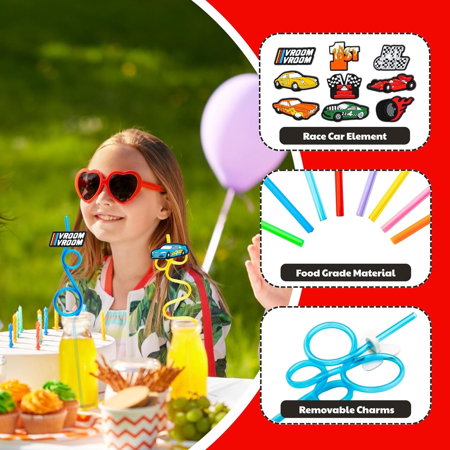 24 PCS Race Car Drinking Crazy Straws for Kids Racing Pit Crew Checkered Flag Race Car Themed Birthday Party Supplies Favors Decorations with 24 PVC Cute Charm, 2 Cleaning Brushes Reusable Straw