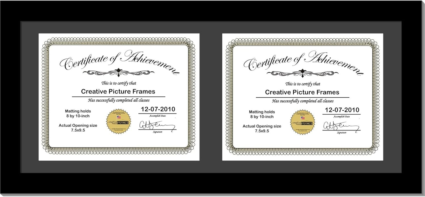 Creative Picture Frames 10X24Bk-B Black Horizontal Double Diploma Frame With 2 Opening Black Matting | Holds 2-8X10-Inch Documents With Installed Wall Hanger
