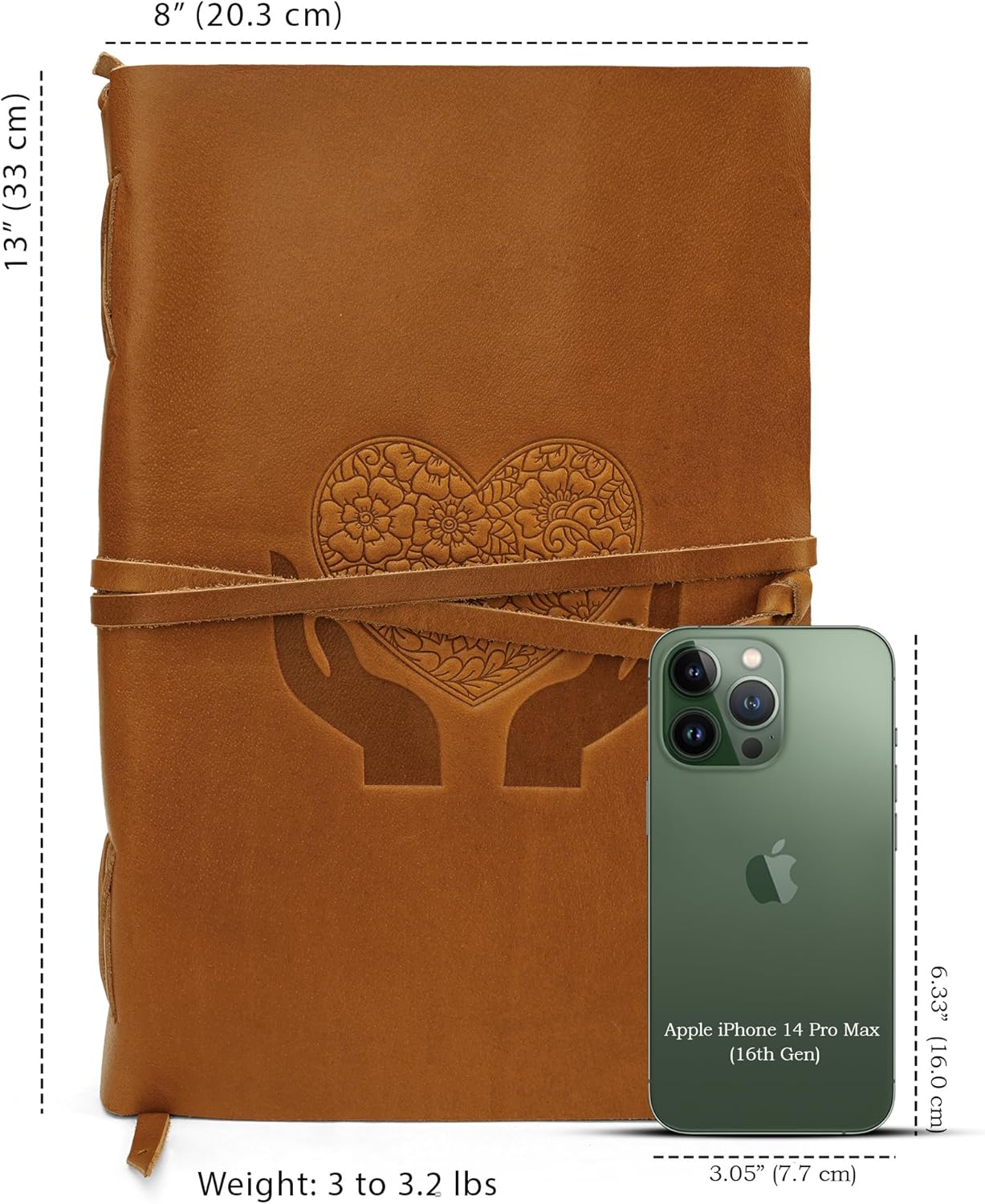 LUXEORIA Heart Journal for Women and Men, Handcrafted Leather Journal for Writing Womens, Sketchbook, Travel Diary with Unlined Deckle Paper, Camel Brown 8x13