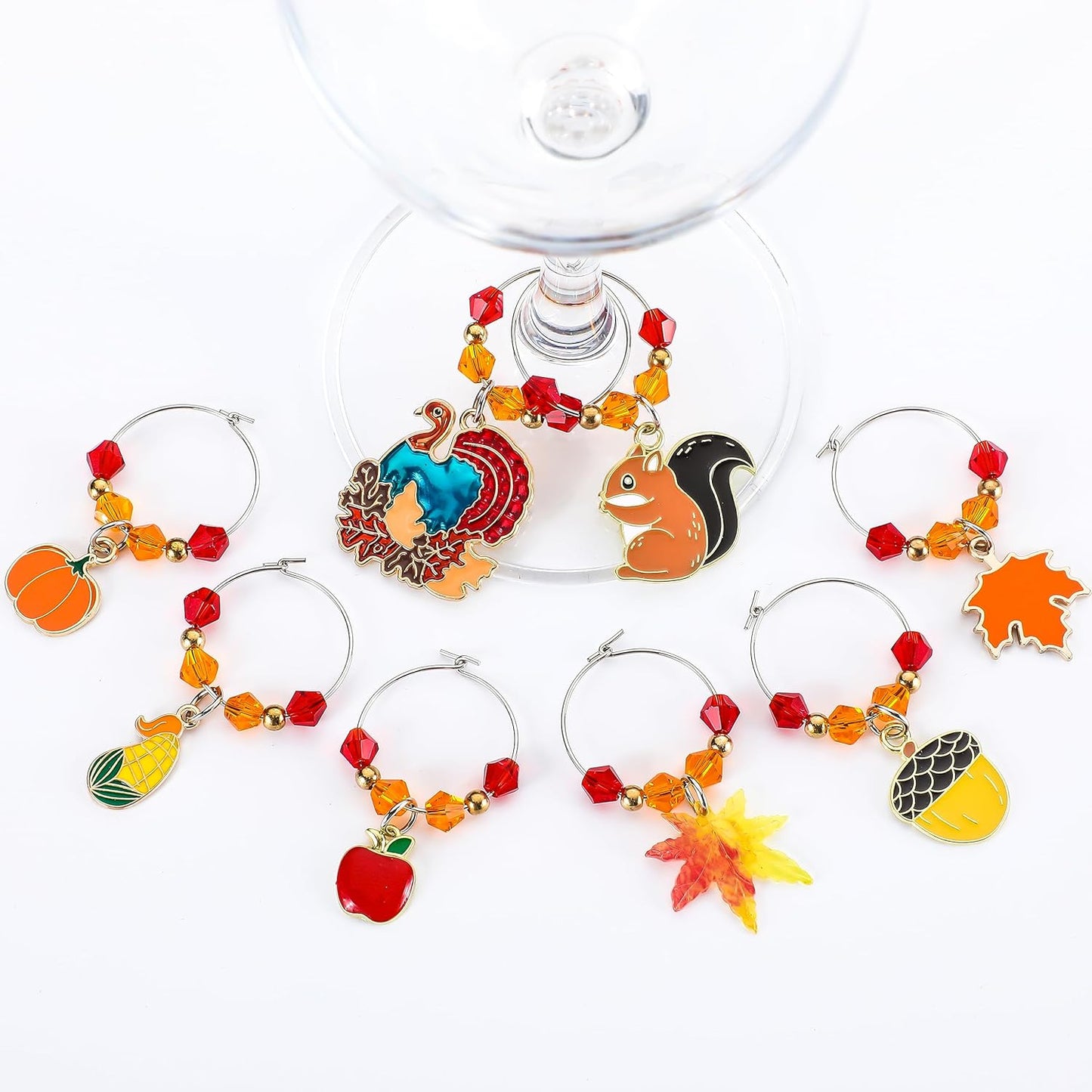 Sasylvia 8 Pieces Thanksgiving Fall Wine Glass Charms Fall Glass Markers Harvest Wine Charms Rings Tags for Stem Glasses Hostess Gifts Party Favors Drink Markers Autumn