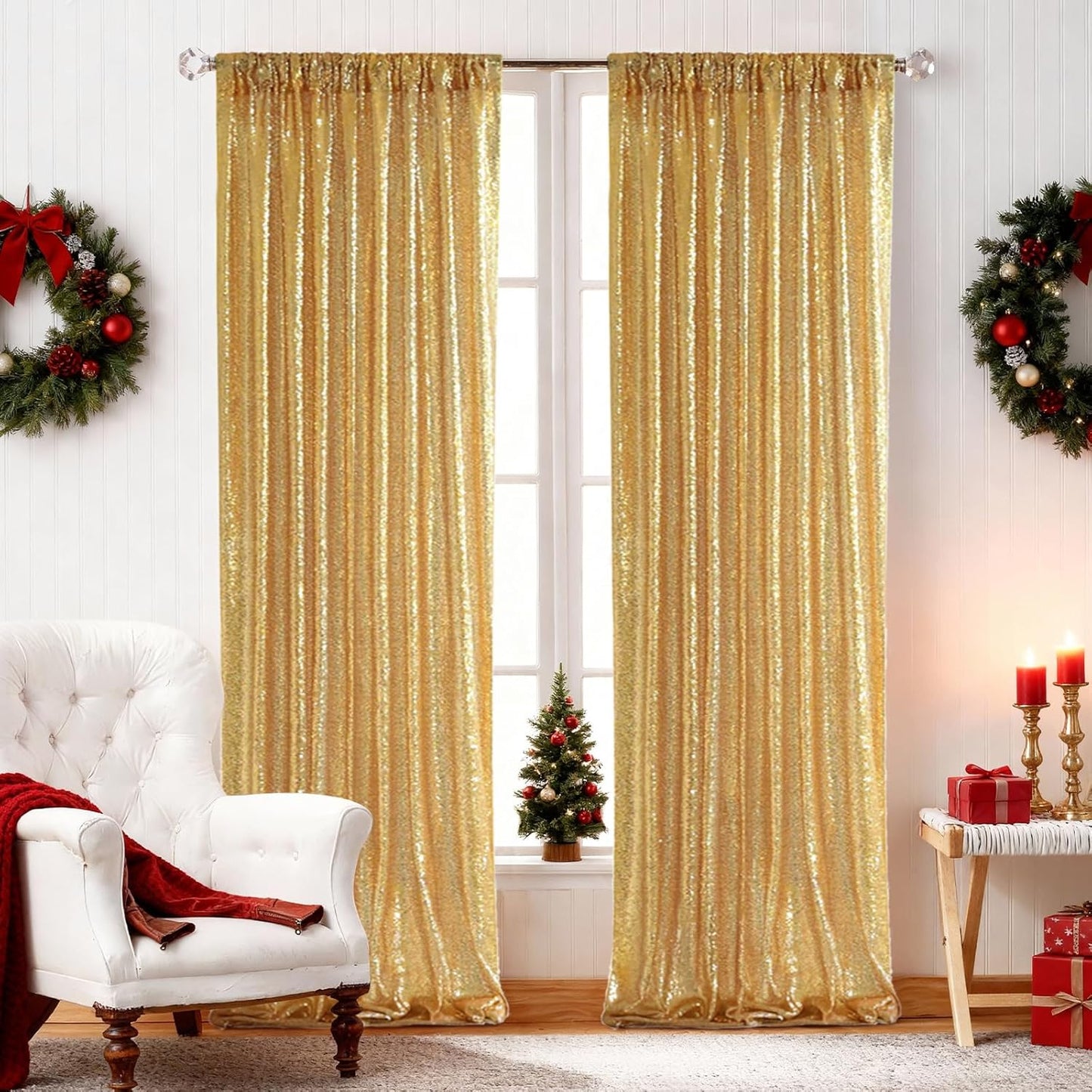 SquarePie Sequin Backdrop Curtain Not See Through Background for Wedding Party 2FT x 8FT 2P Gold