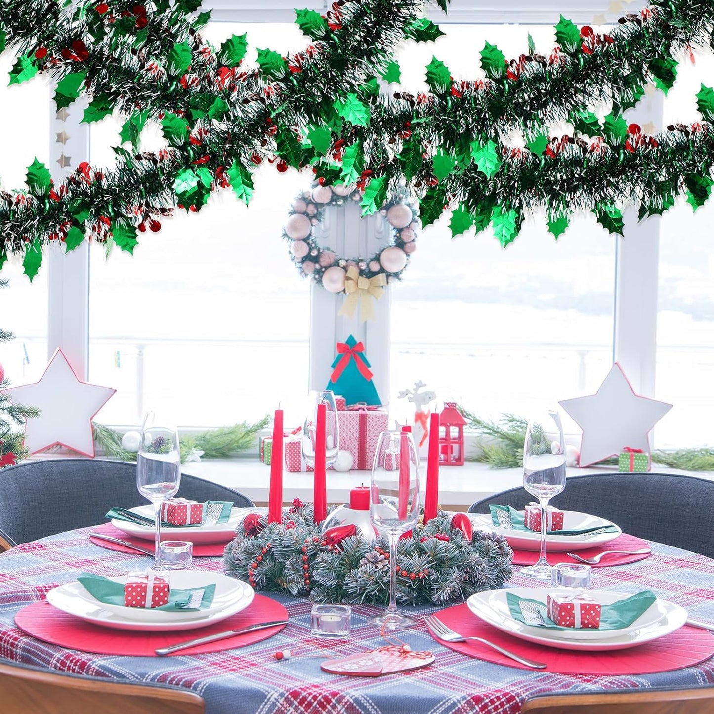 72 Feet Christmas Tinsel Garland Shiny Metallic Tinsel Twist Garland Streamers Ornaments Long Glitter Christmas Tree Hanging Decorations for Party Holiday Wedding Birthday Tree (Dark Green White)