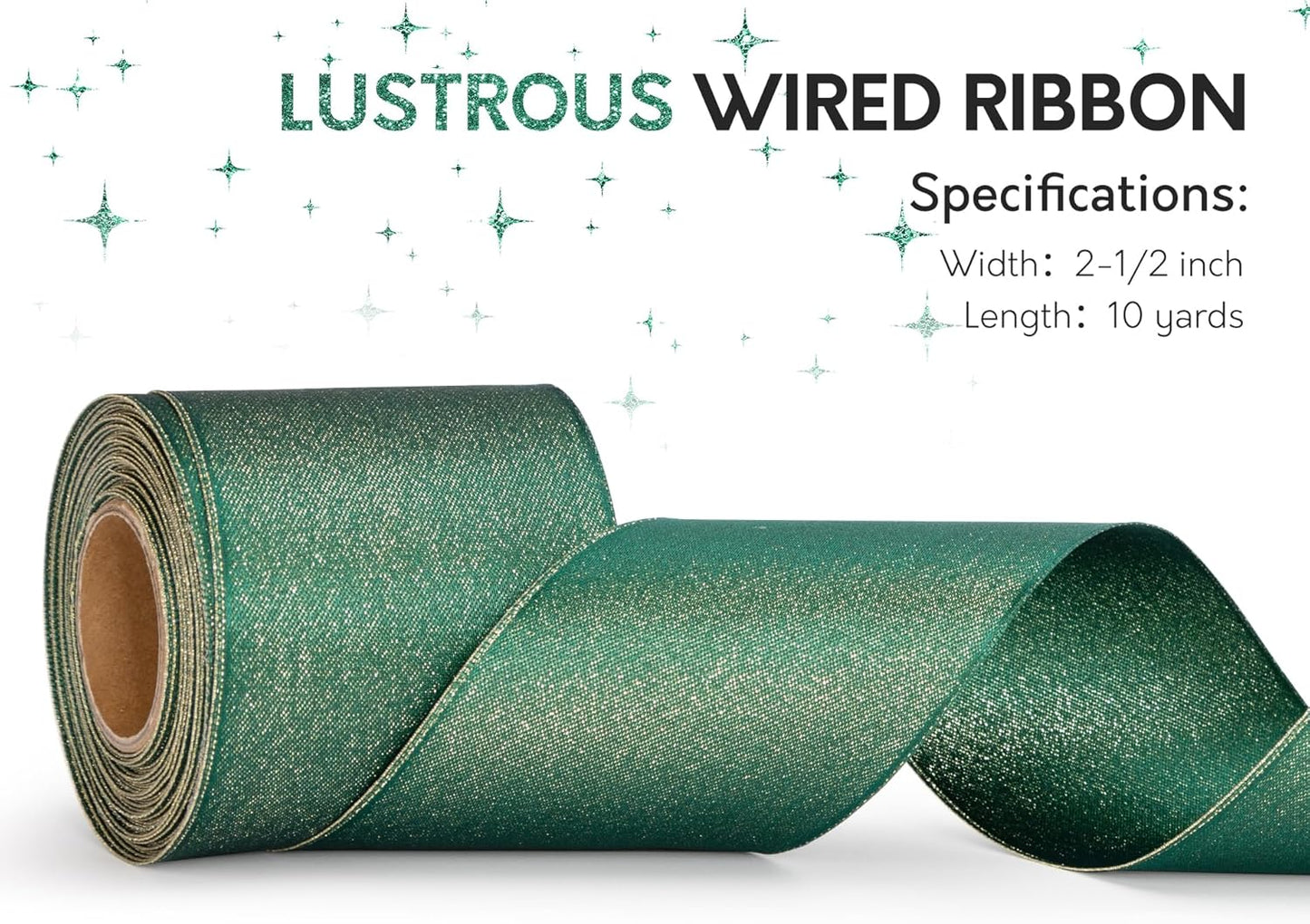 Christmas Ribbon Wired Green Satin Ribbons 2-1/2 Inch Double-Faced Gold Glitter for Tree Decoration, Wreath, Gift Wrapping, Home Decor 10 Yards