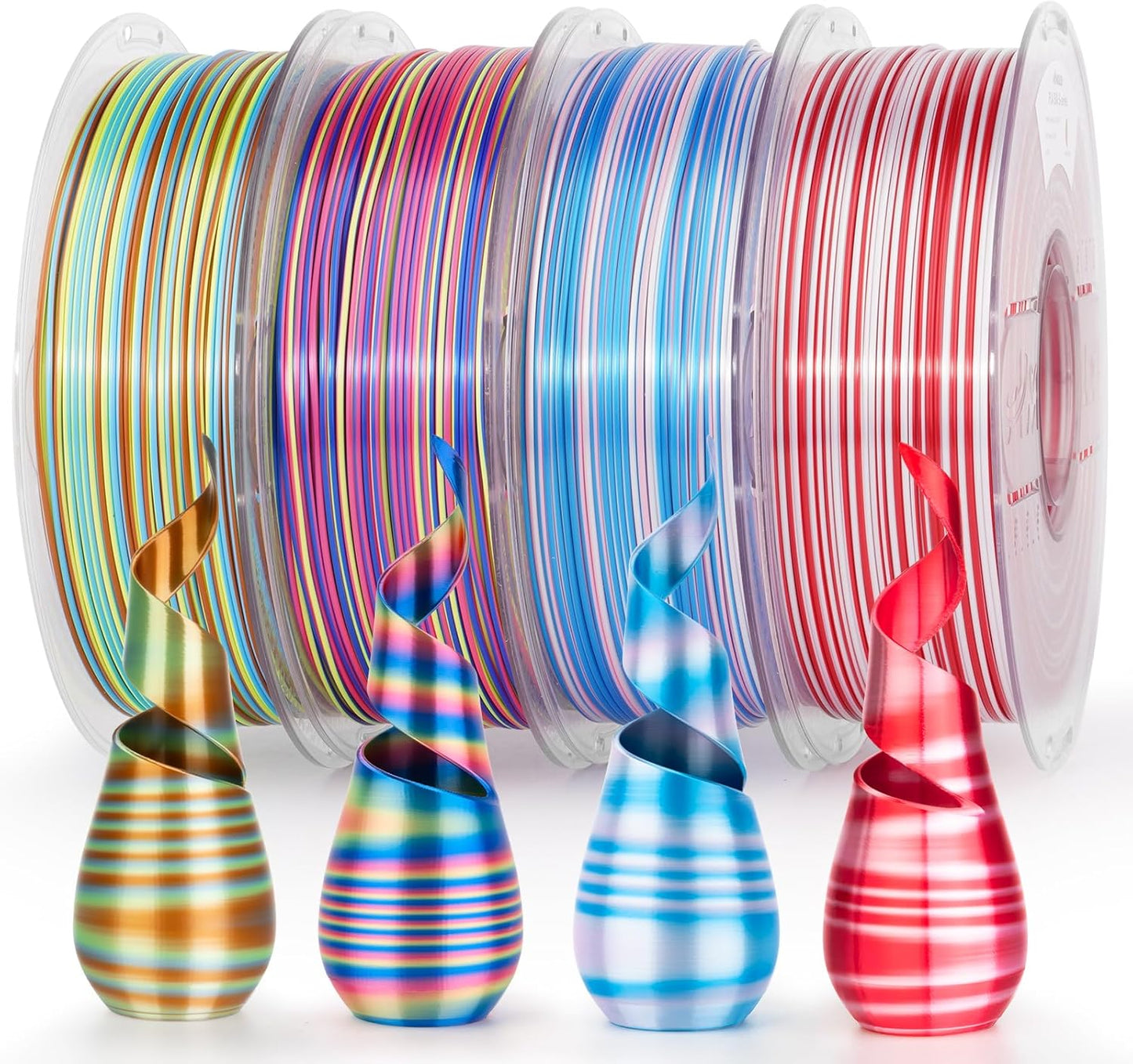 AMOLEN Silk PLA 3D Printer Filament Bundle, Shiny Multicolor Rainbow Pack, Fast Color Change PLA 1.75mm 3D Printing Filament for Most FDM 3D Printer, 1KG X 4 Spools