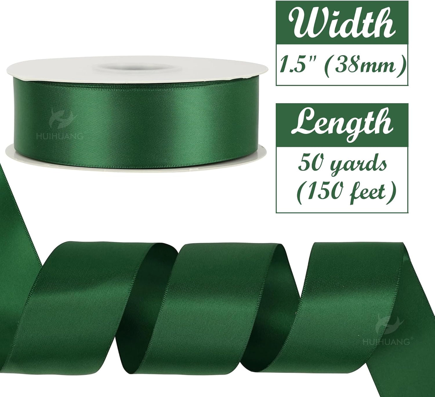 HUIHUANG 1-1/2 inch Double Face Satin Ribbon, Polyester Forest Green Ribbon 50 Yards Per Roll for Gift Wrapping Bows Making Floral Bouquet Christmas Tree Decor Party Favor and Craft Supplies