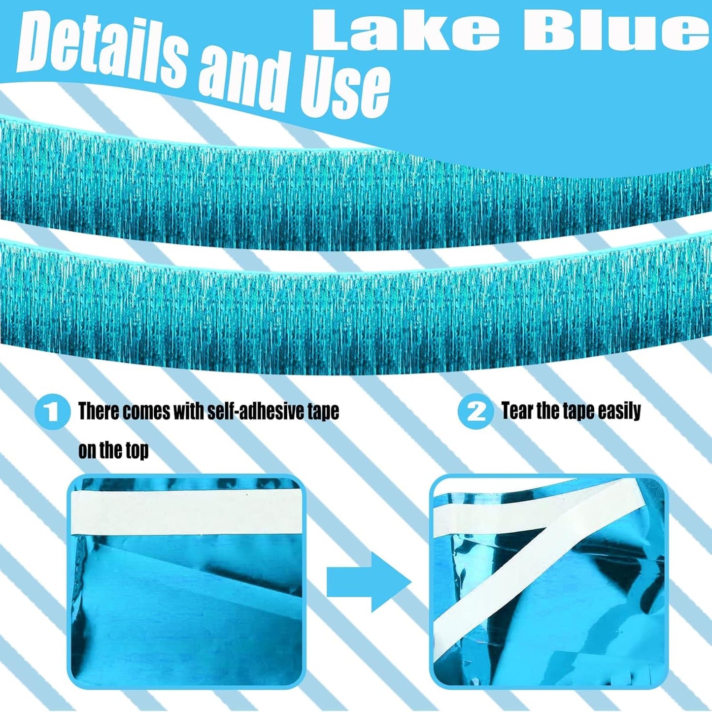 6 Pack 10 Feet Foil Fringe Garland Metallic Tinsel Streamers Banner Wall Hanging Curtain Backdrop Banner for Parade Floats, Thanksgiving, Christmas, Birthday, Halloween Party Decorations(Lake Blue)